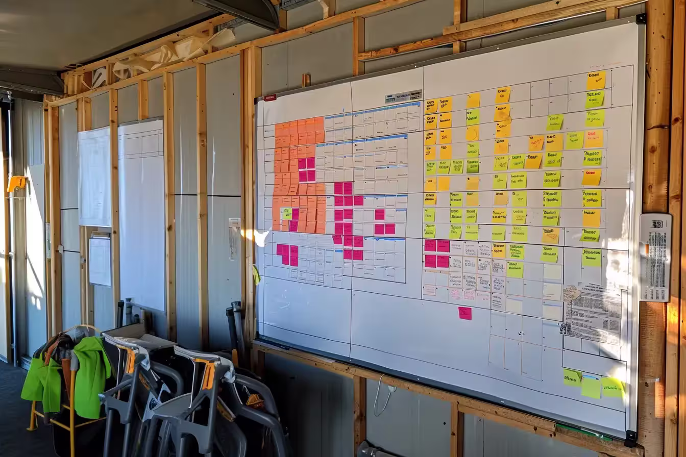 Whiteboard on wooden wall with colorful sticky notes and diagrams, conveying organized planning in a workspace. High-vis jackets and ladders nearby.