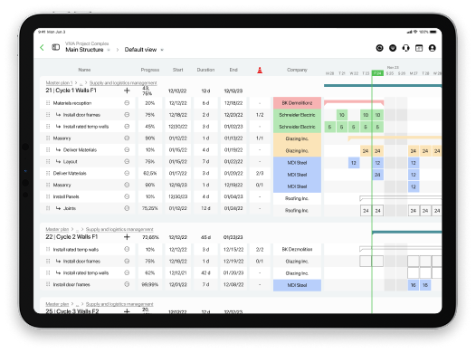 An iPad with Outbuild, showing a weekly work plan for a construction team