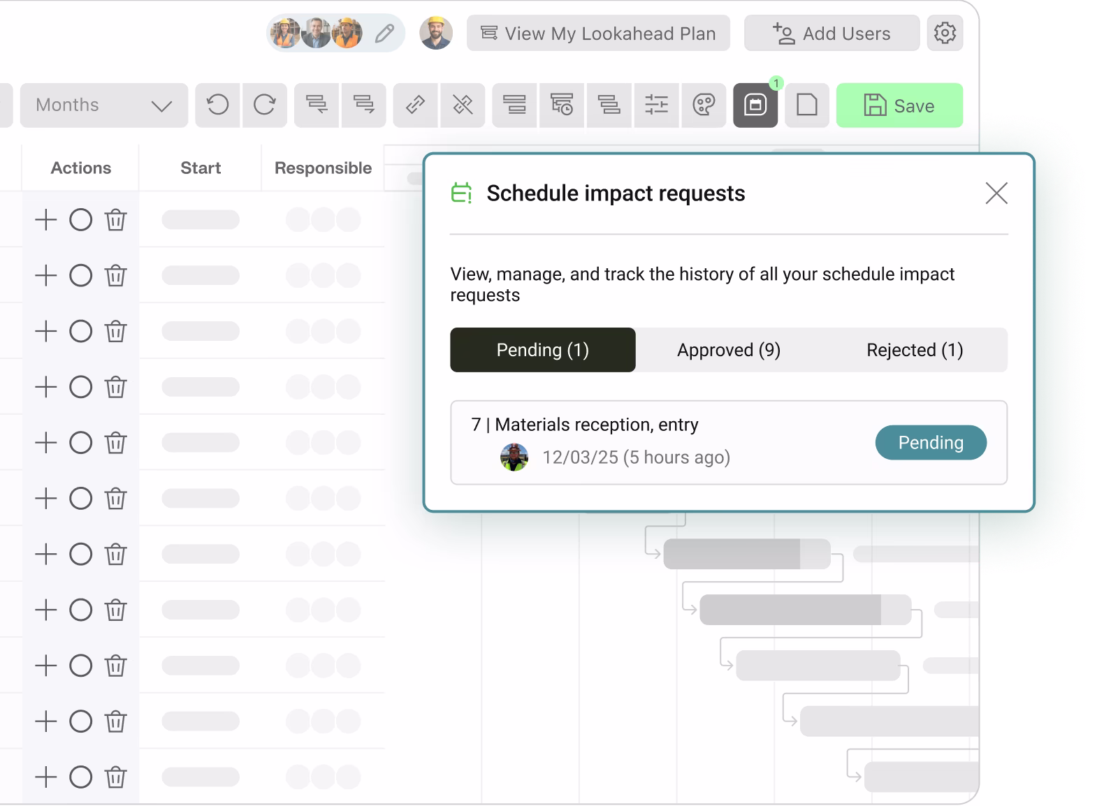 Screen showing a Outbuil¡s project scheduling interface with a popup titled 'Schedule impact requests' listing pending, approved, and rejected requests, highlighting one pending request for 'Materials reception, entry' dated 12/03/25.