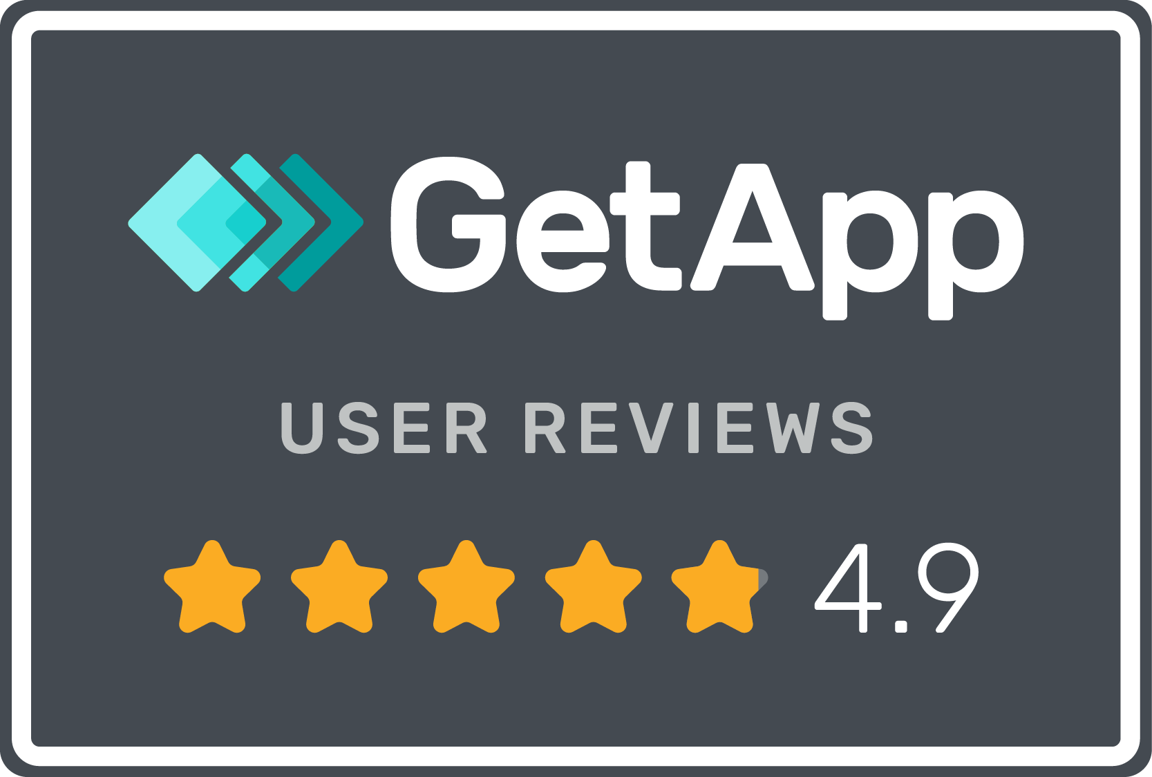 GetApp logo with text User Reviews and a 4.9 rating shown by five orange stars and the number 4.9.