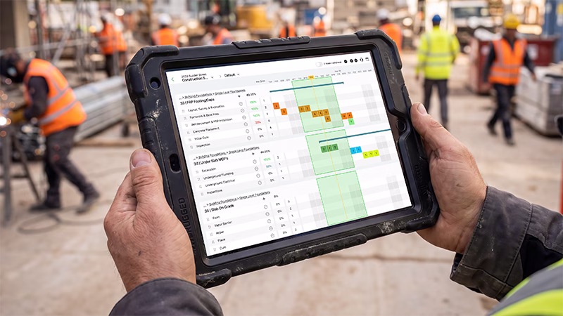 Person holding rugged tablet displaying a project schedule with tasks and colored progress bars on construction site.