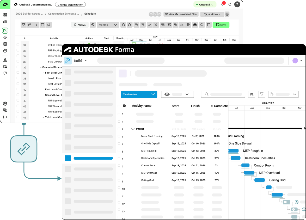 Overlapping screens of construction schedule and Autodesk Forma project timeline with activity details and progress bars.