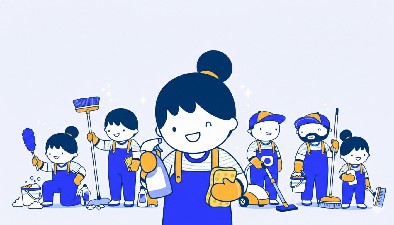 Illustration of the Noblemaid family team ready to perform home cleaning near you. Six cleaners in blue overalls holding cleaning tools and supplies, smiling and ready to: deep clean, repeat clean, post construction clean, move out clean, and more - Book a home clean near you now!