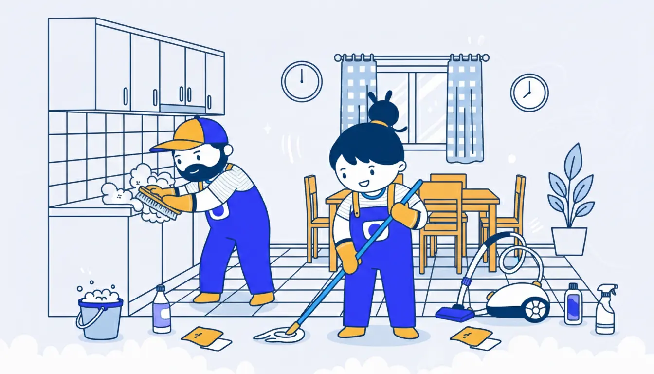 Noblemaid cleaners: a man scrubbing kitchen cabinets, and a woman mopping the floor in a clean dining area with cleaning supplies and a vacuum nearby. Book Cleaning Services near you in the Niagara Region