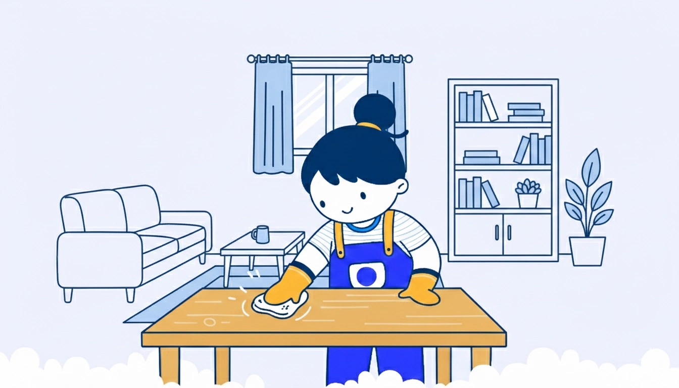 Person wearing green gloves dusting a window frame with a colorful duster in a room with blue curtains and a white chair.