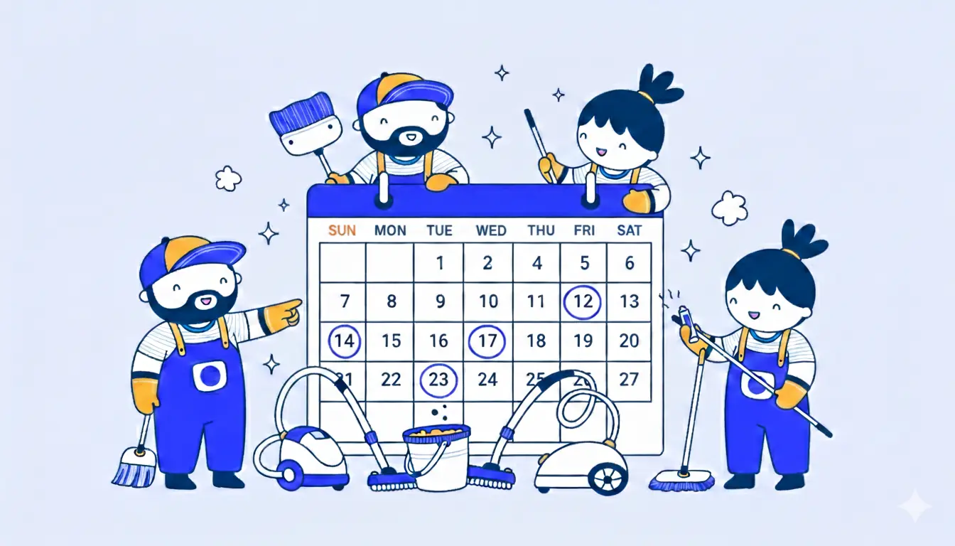 Person wearing yellow gloves and a blue apron holding a blue container filled with various cleaning spray bottles and tools.