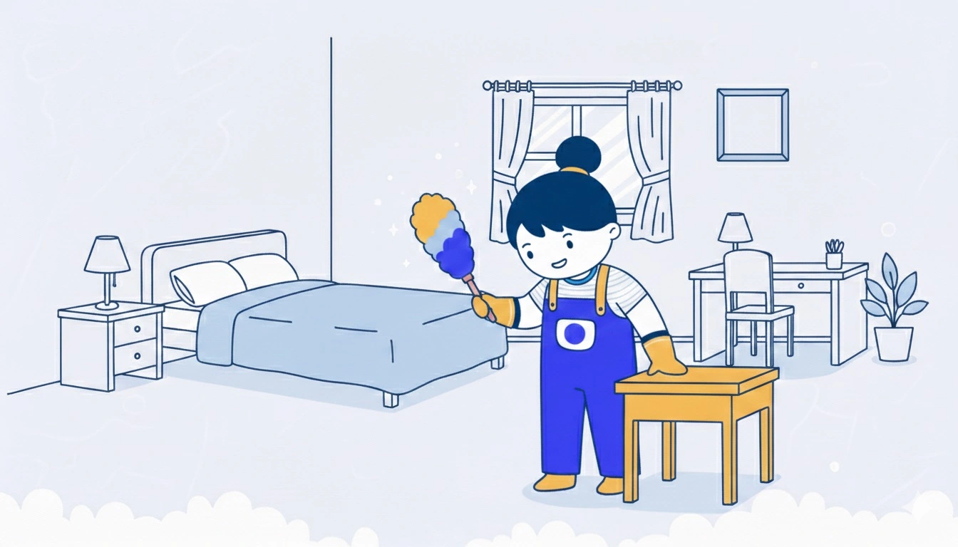 Person wearing blue gloves cleaning a surface with a green cloth in a kitchen.