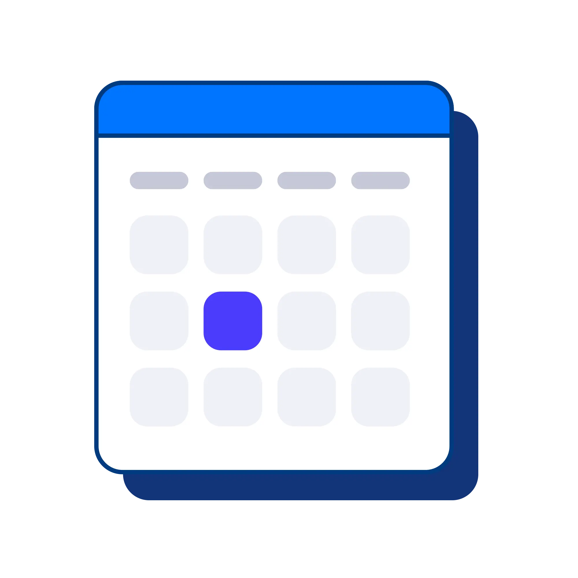 Stylized calendar icon with a blue header and a single highlighted date square in purple.