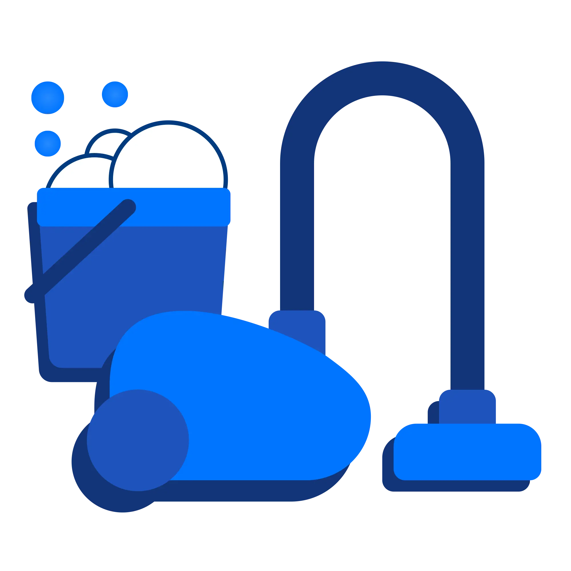 Blue vacuum cleaner next to a bucket filled with soap bubbles.