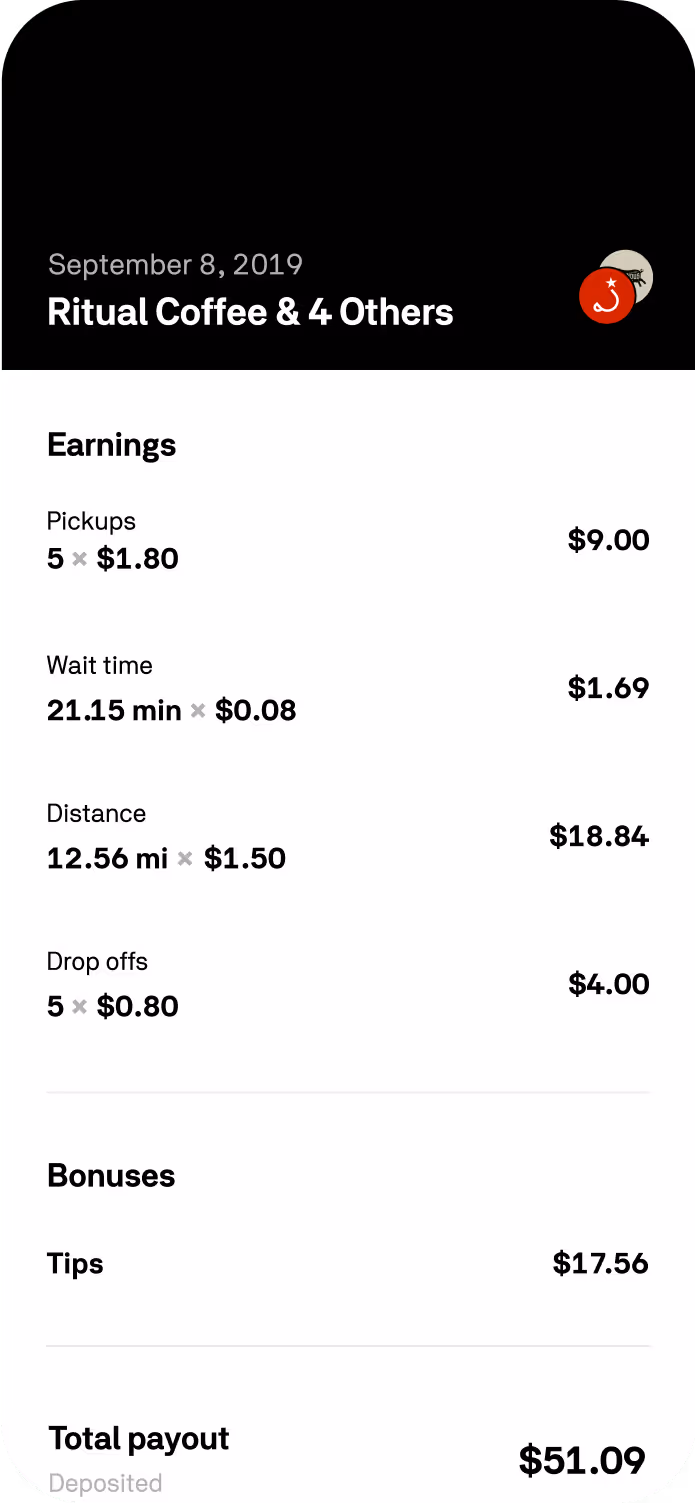 Postmates fleet app, delivery detail