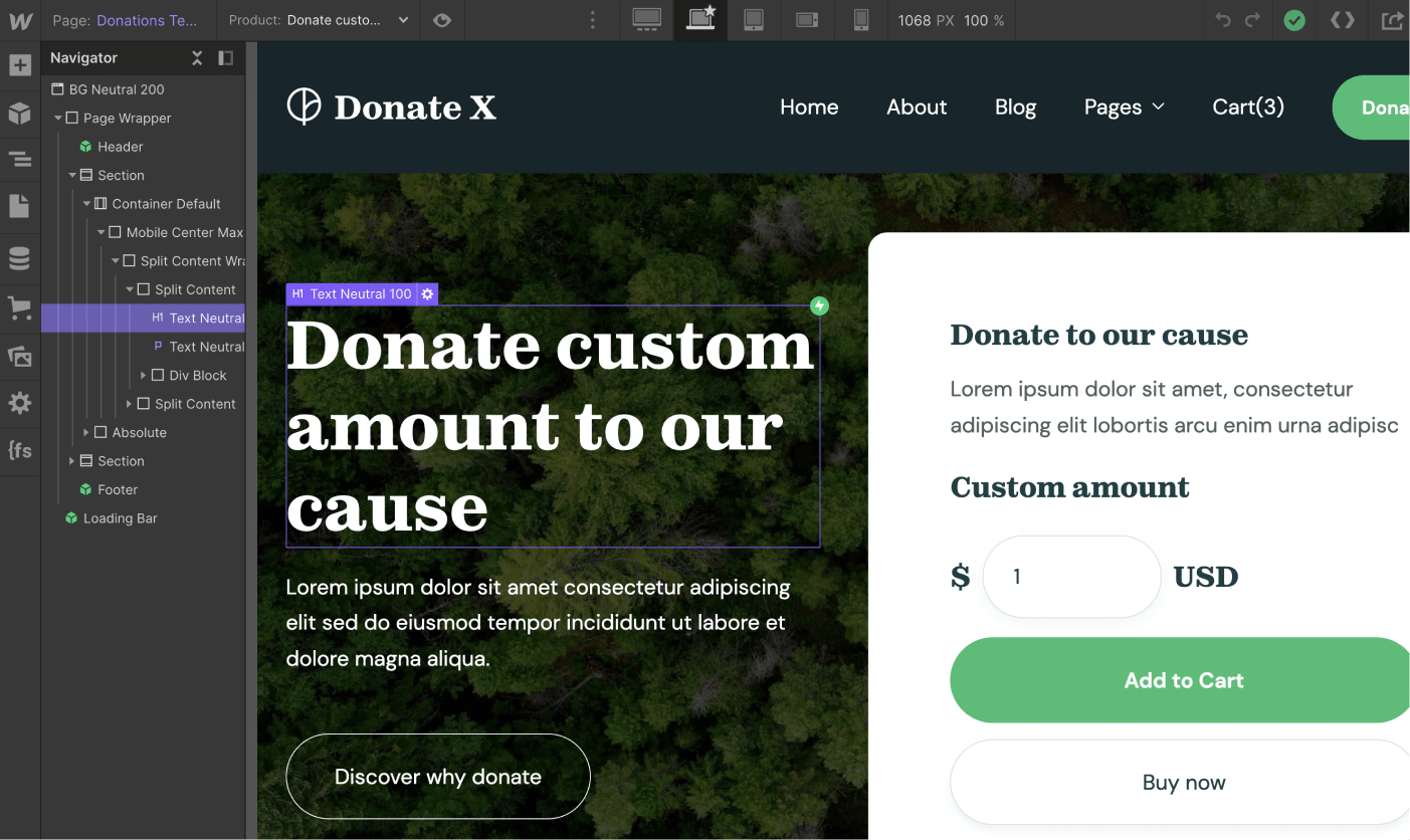 eCommerce Page - Donate X Webflow Template