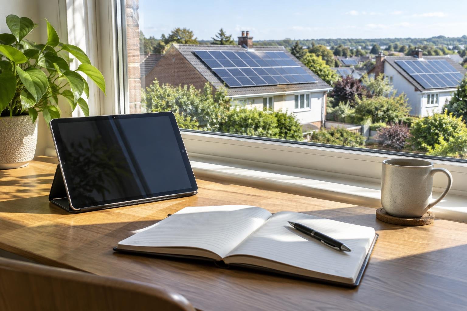Notebook and tablet on a desk by a window with rooftop solar panels outside