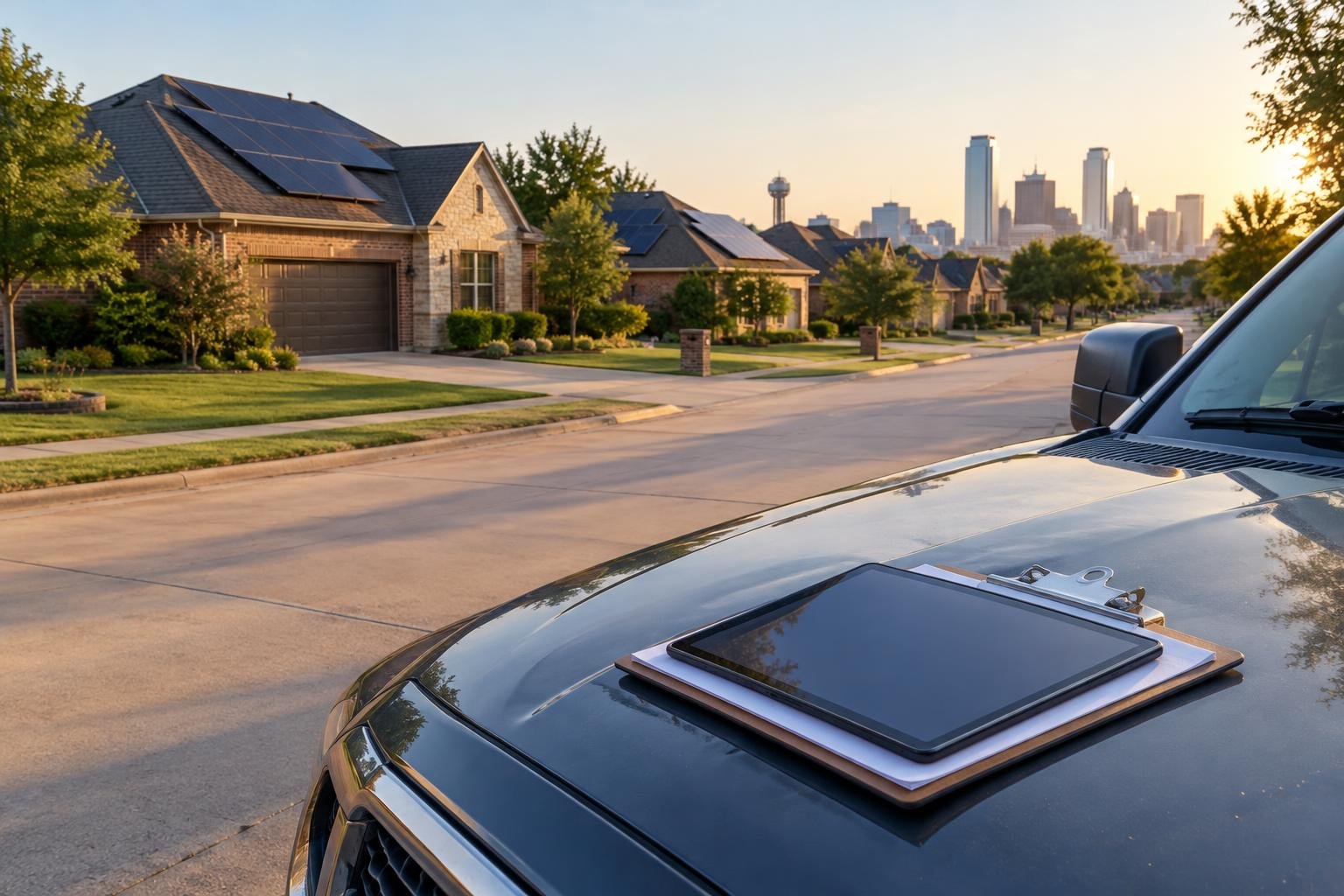 Suburban Dallas street with rooftop solar panels in early-morning light