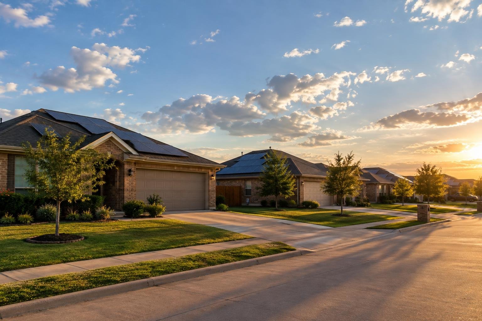 Suburban Dallas-area homes with rooftop solar panels in late afternoon sunlight