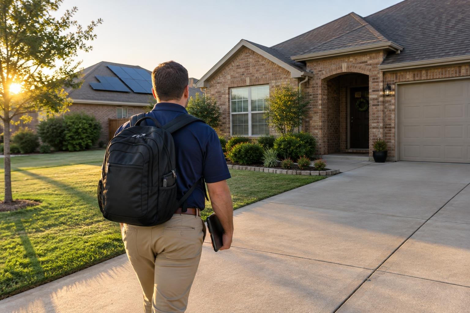 Door-to-door sales rep with a tablet walking up a suburban Dallas driveway in afternoon light, solar panels on a nearby roof