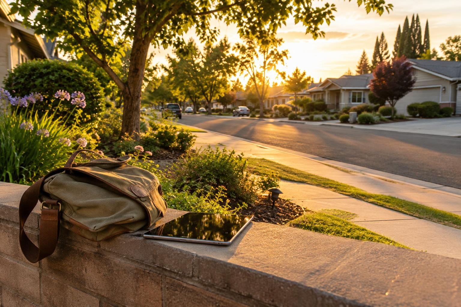 Sunlit suburban street of single-storey homes in Sacramento during late afternoon, with a tablet and shoulder bag on a low wall