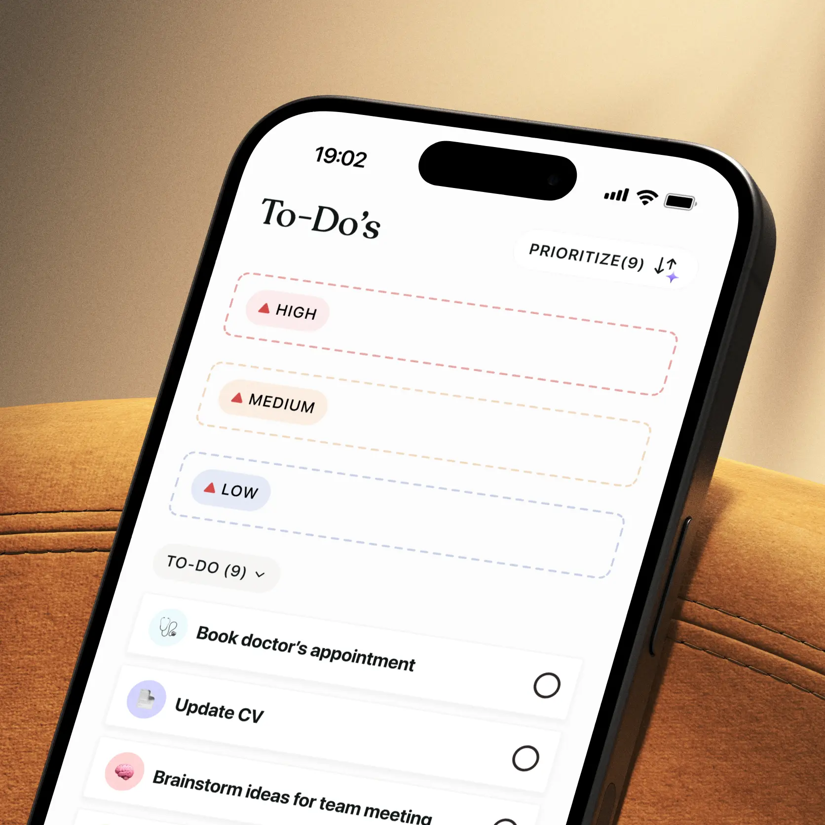 Smartphone with empty priority sections in Tiimo’s to-do tab, ready to sort tasks using the AI prioritization tool.
