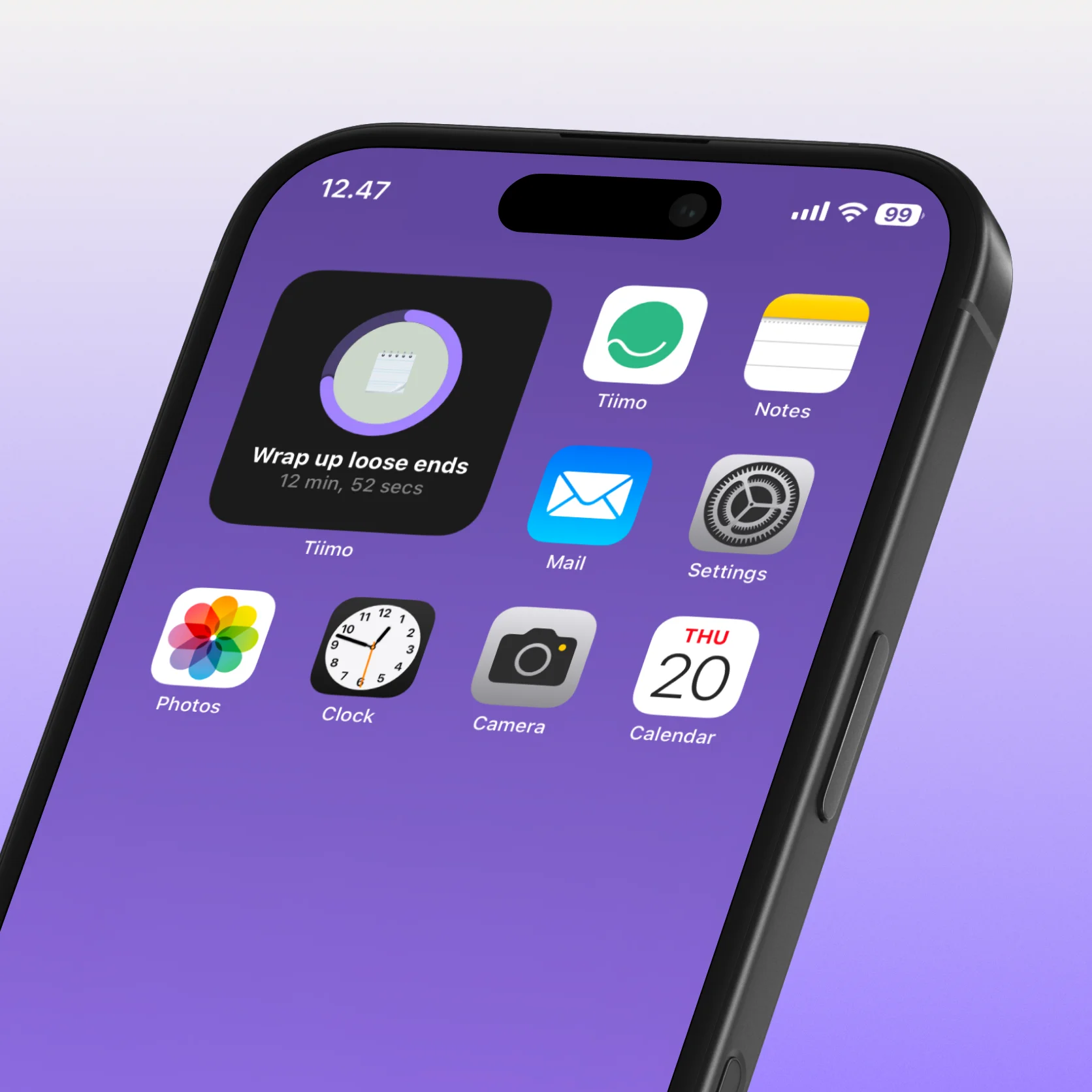 A smartphone shows a Tiimo widget with a timer and tips for staying on task, displayed on the home screen.