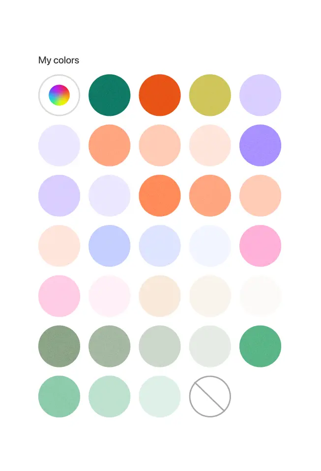A color palette in the Tiimo app with 30+ circular color options for customizing tasks and timeline view.