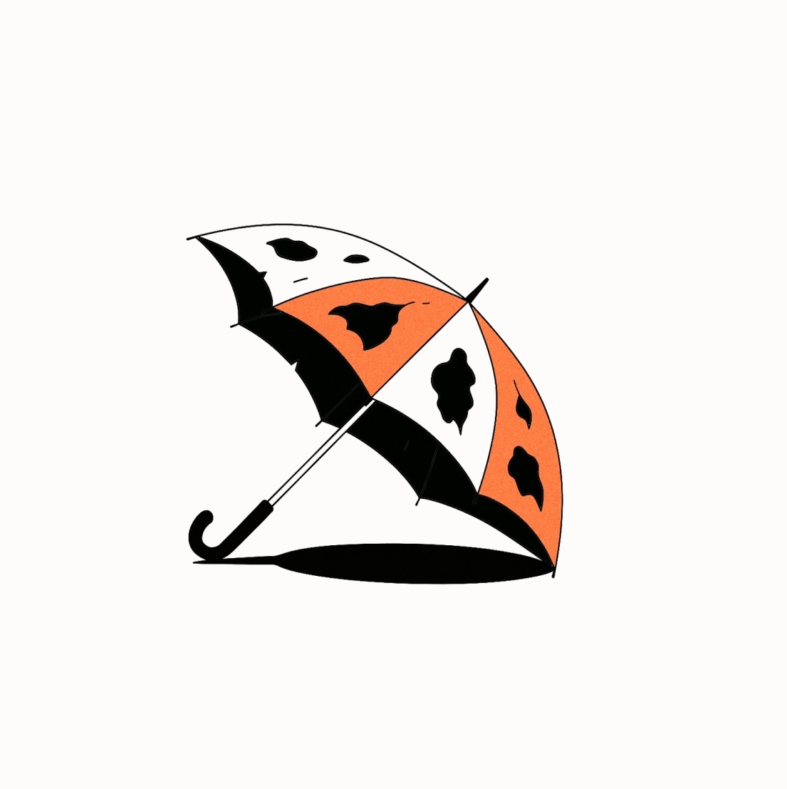 Illustration of an umbrella with alternating orange and white panels, each featuring irregular black splotches. The umbrella is open and angled to the side, casting a solid black shadow on a white background.