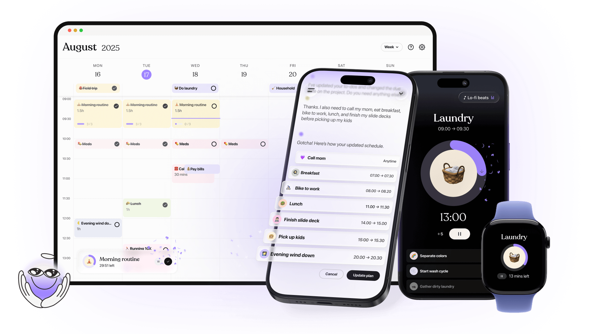 Tiimo award-winning plan and routine app displayed on desktop, iPhone, and Apple Watch — organize daily tasks, track habits, and manage routines with reminders and timers.