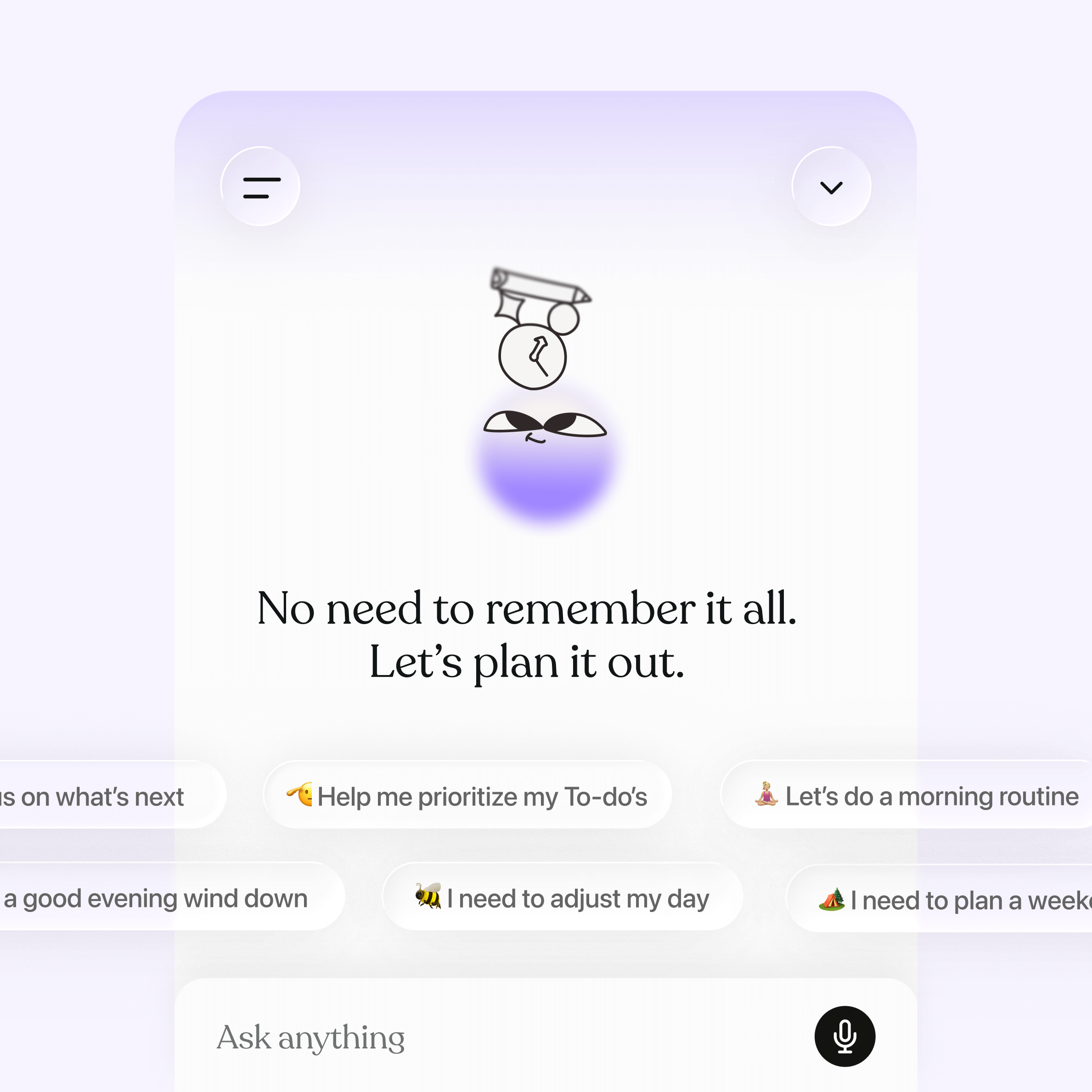 Tiimo AI co-planner interface with animated assistant illustration and text saying ‘No need to remember it all. Let’s plan it out,’ inviting users to organize their plans.