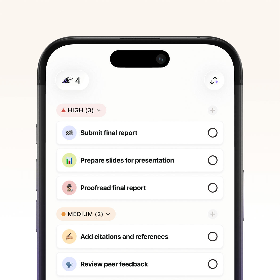 Tiimo task manager app interface showing a prioritized to-do list with high, medium, and low priority tasks, including submit final report, prepare slides for presentation, proofread final report, add citations, and review peer feedback.