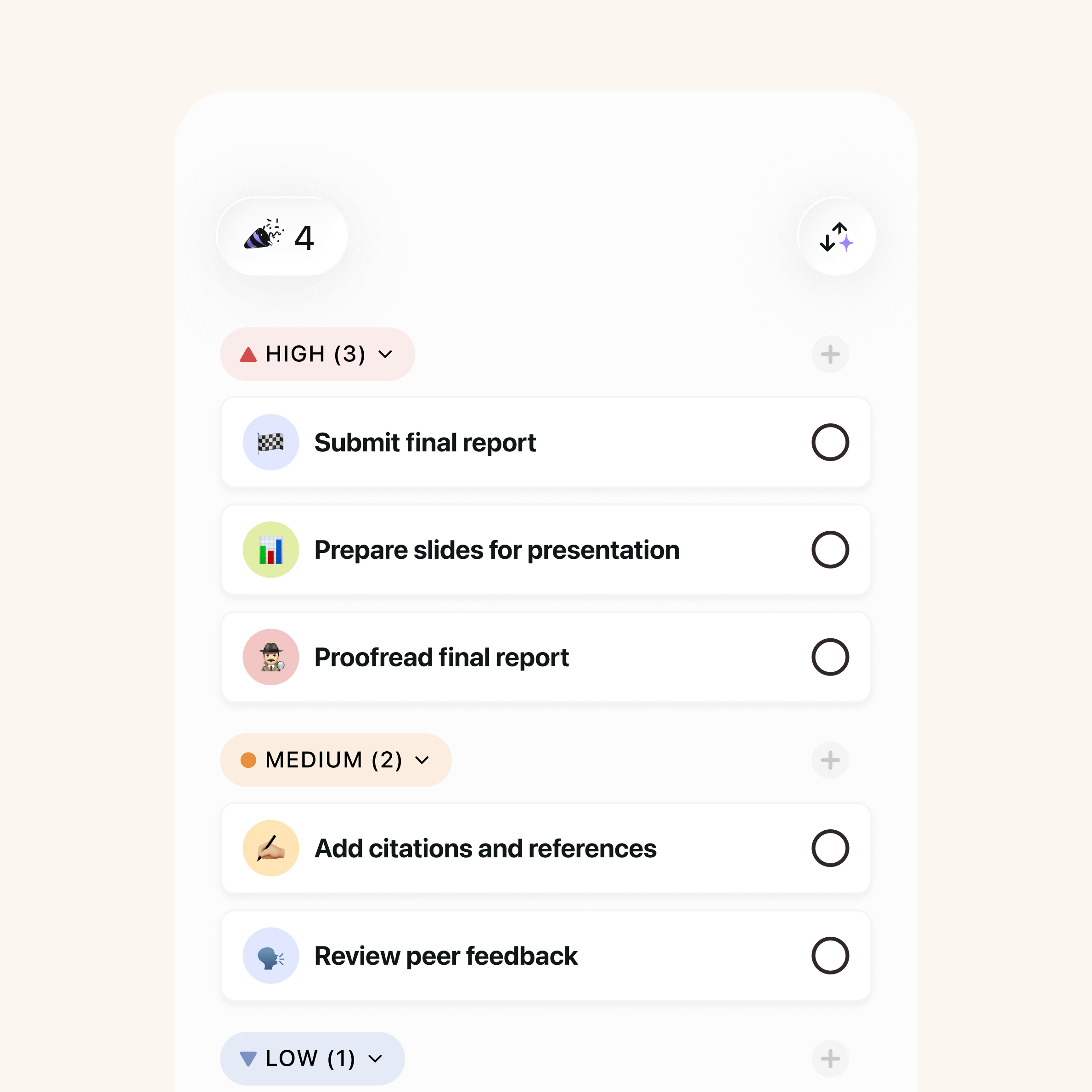 Tiimo task manager app interface showing a prioritized to-do list with high, medium, and low priority tasks, including submit final report, prepare slides for presentation, proofread final report, add citations, and review peer feedback.