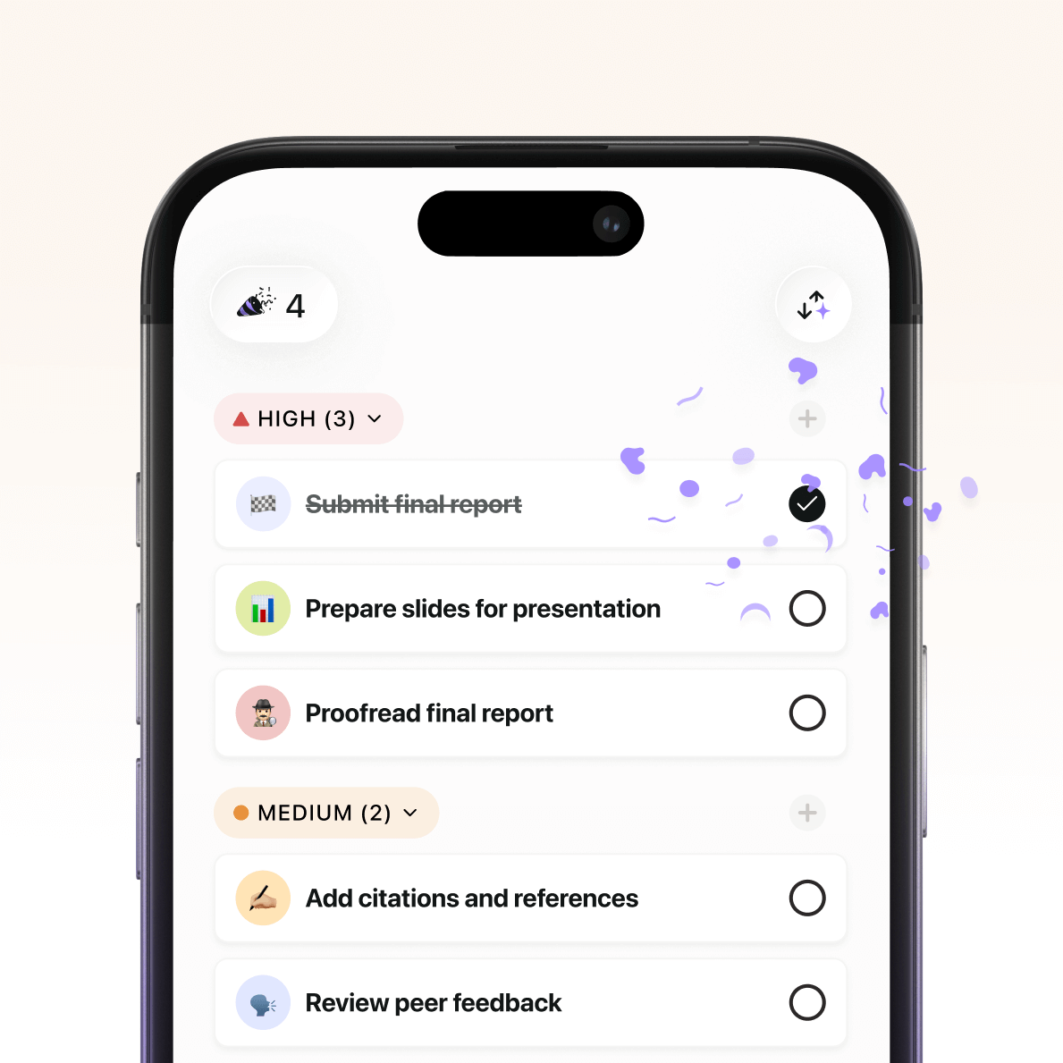 Tiimo productivity app to-do list with one task, submit final report, marked as completed and celebrated with confetti, while other tasks like prepare slides, proofread, add citations, and review feedback remain open.