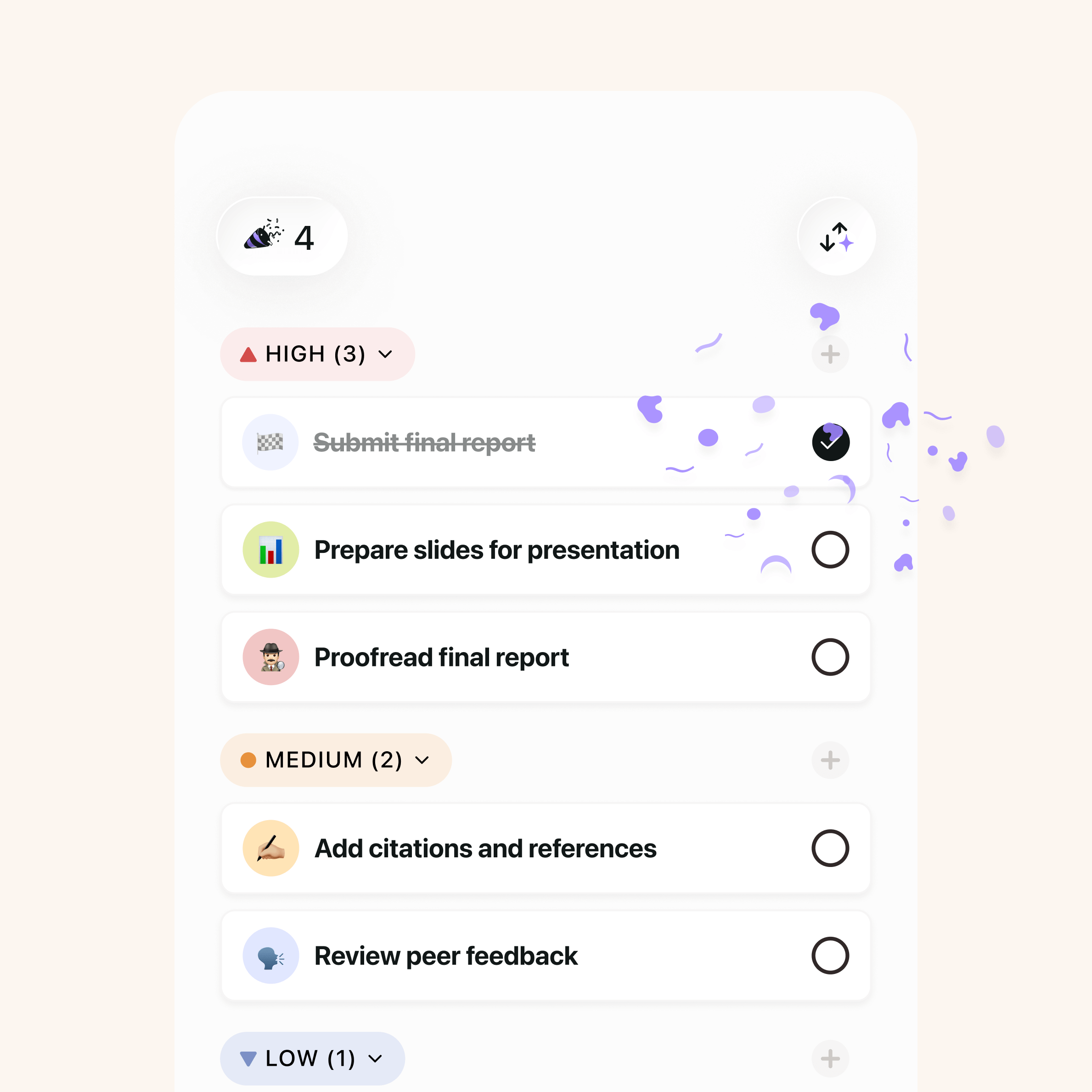 Tiimo productivity app to-do list with one task, submit final report, marked as completed and celebrated with confetti, while other tasks like prepare slides, proofread, add citations, and review feedback remain open.