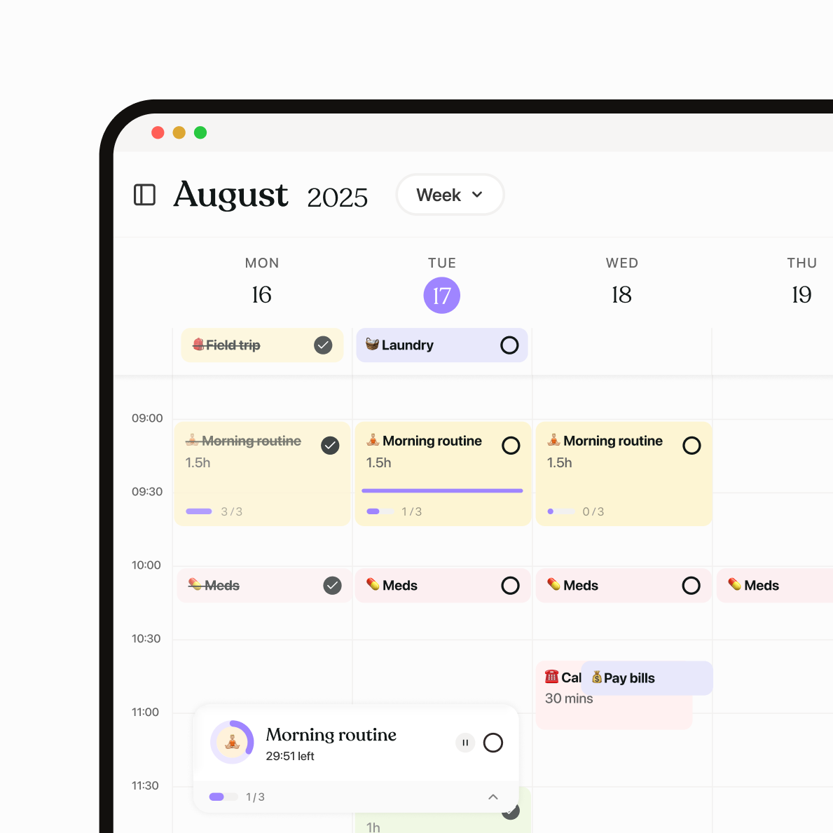 Tiimo on desktop in browser showing weekly view with tasks like morning routine, meds, laundry, and paying bills, designed for planning ahead with day, week, and month views. Syncs across all devices.