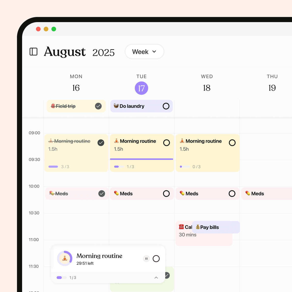 Tiimo on desktop in browser showing weekly view with tasks like morning routine, meds, laundry, and paying bills, designed for planning ahead with day, week, and month views. Syncs across all devices.