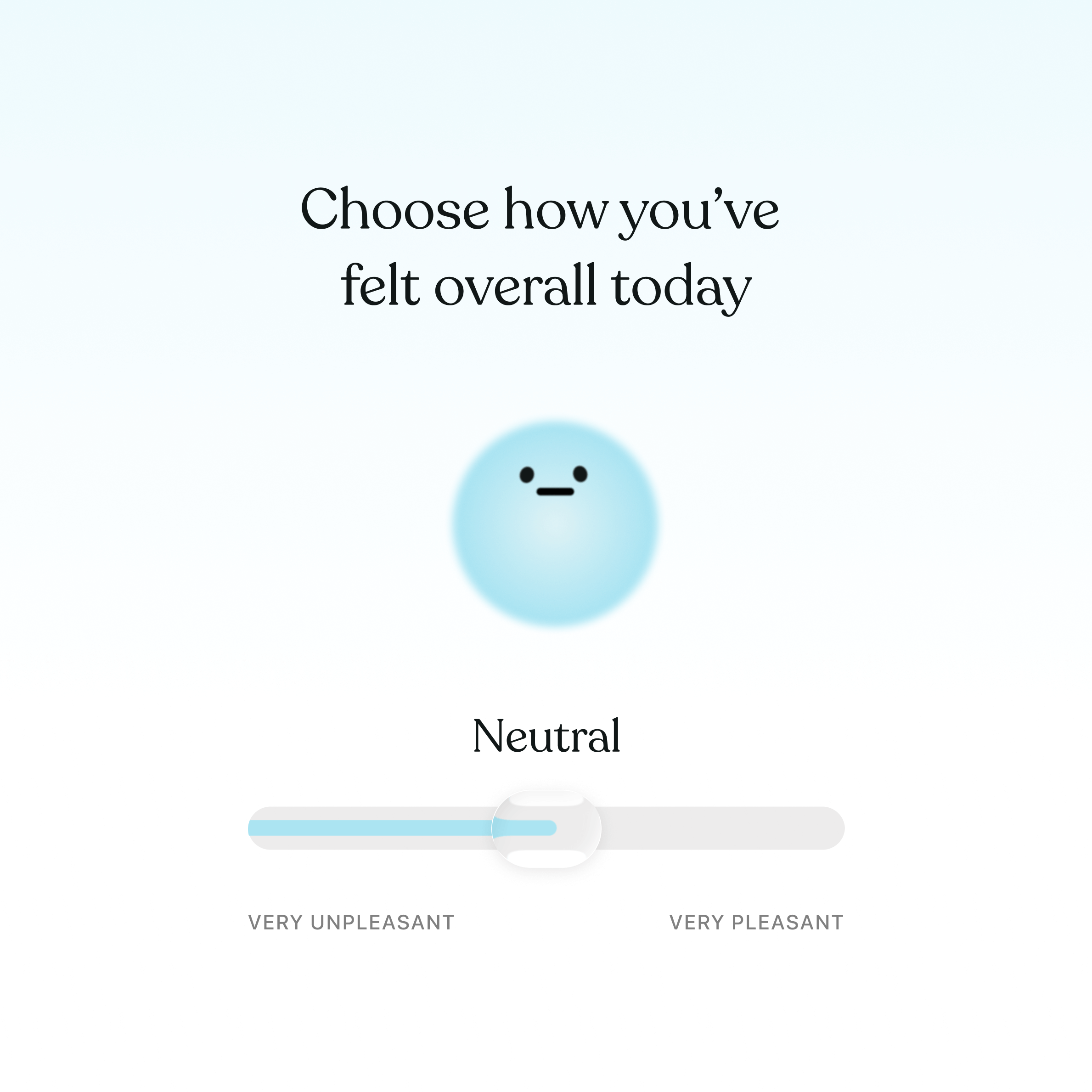 Tiimo mood tracker interface with slider set to neutral, helping users log how they felt overall today between very unpleasant and very pleasant.