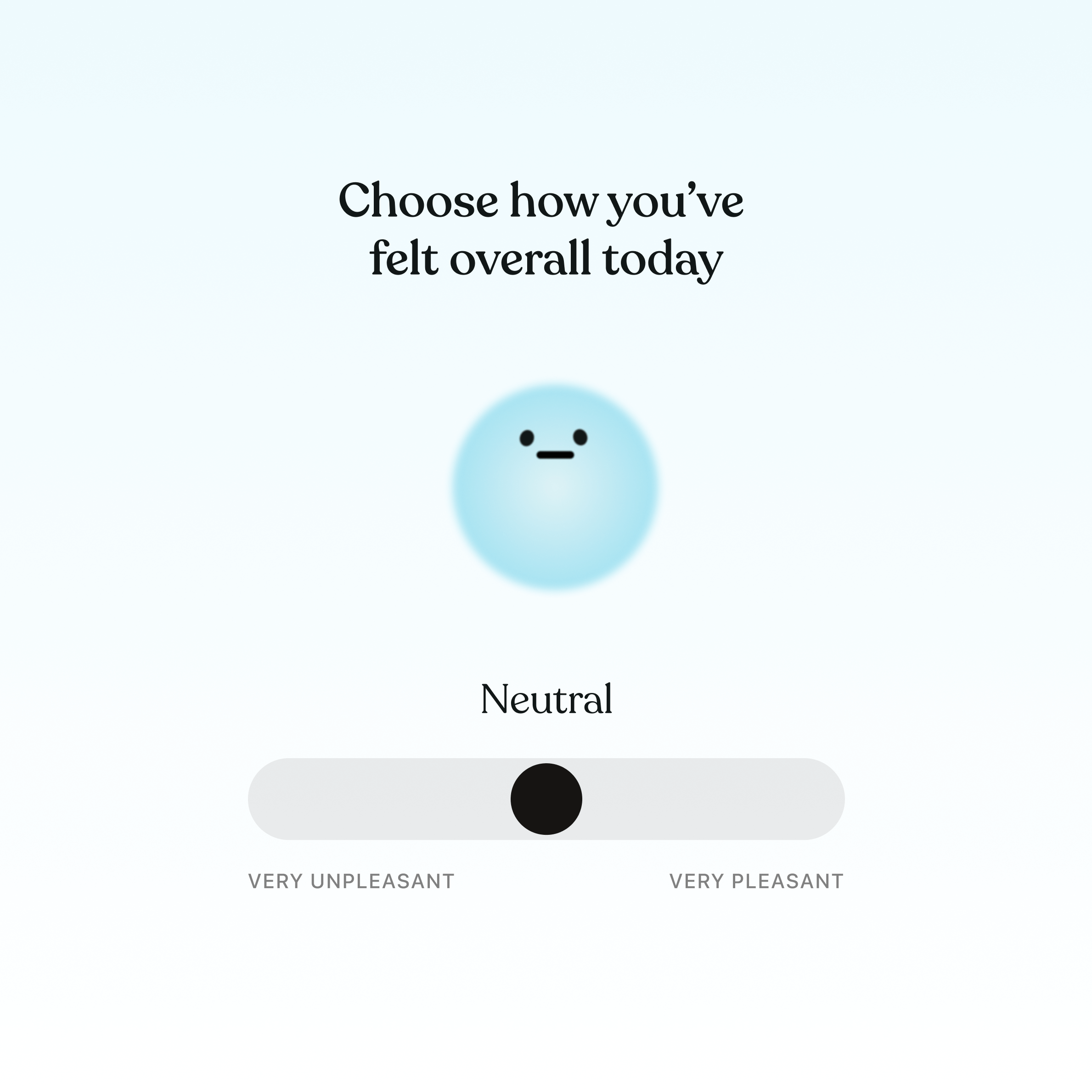 Tiimo mood tracker interface with slider set to neutral, helping users log how they felt overall today between very unpleasant and very pleasant.
