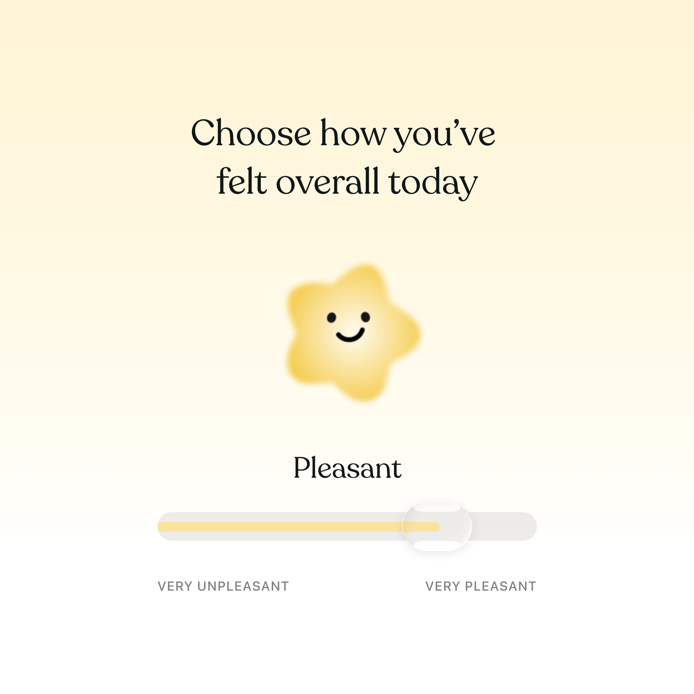 Tiimo mood tracking screen with slider set to pleasant and smiling star icon, letting users record how they felt today to reflect on patterns and wellbeing.