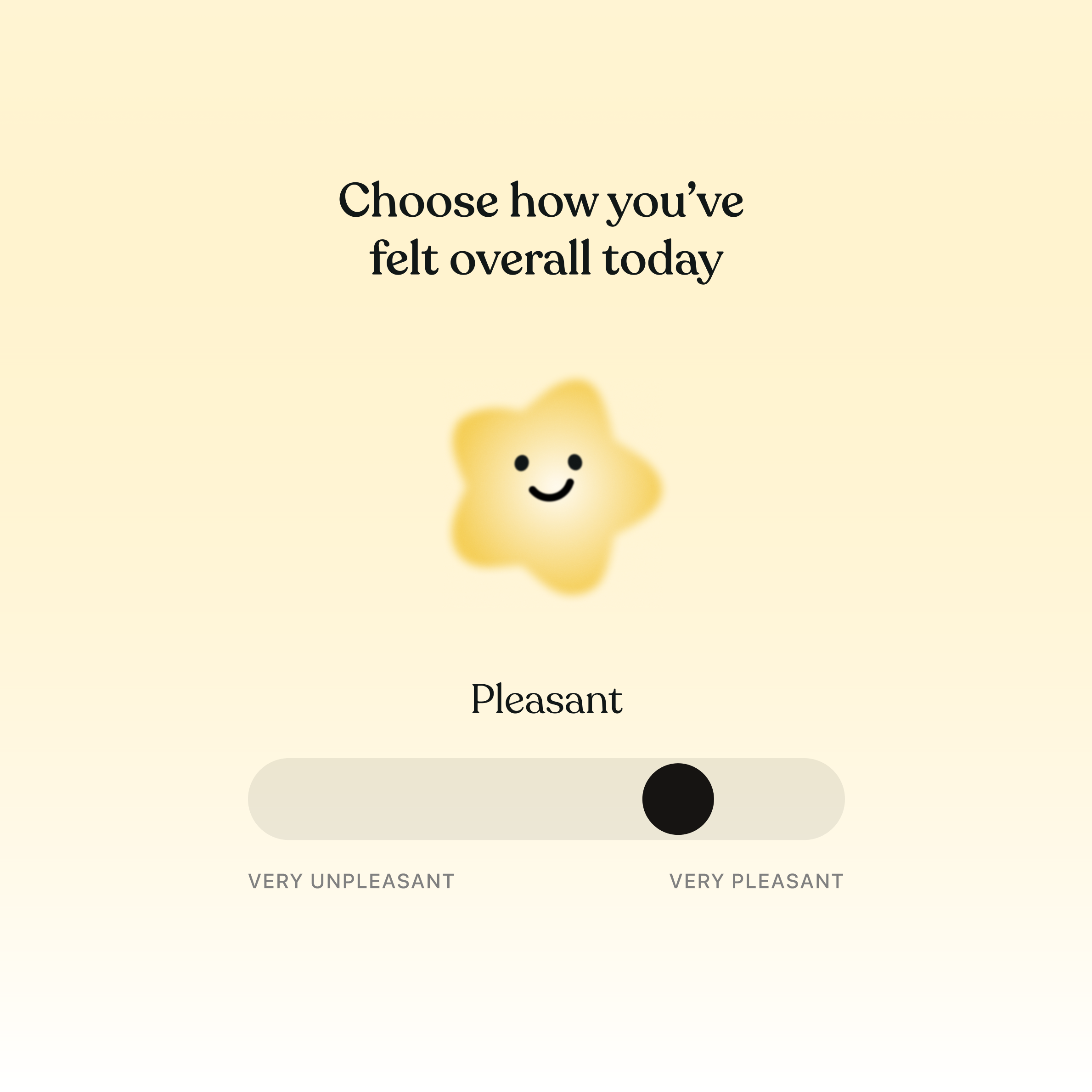 Tiimo mood tracking screen with slider set to pleasant and smiling star icon, letting users record how they felt today to reflect on patterns and wellbeing.