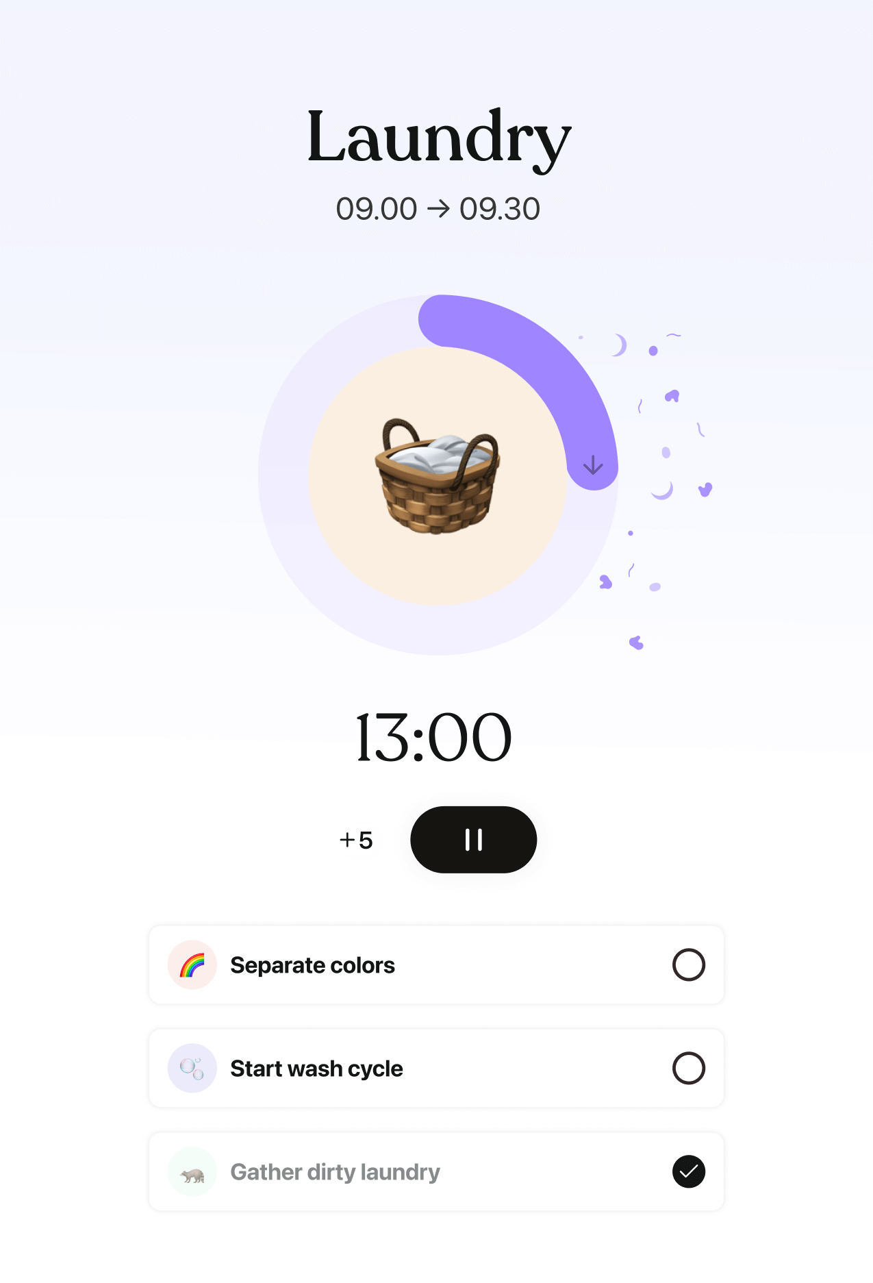 Tiimo focus timer screen showing a laundry task countdown with progress ring, checklist steps like separating colors and starting wash cycle, designed to keep users focused and moving through routines.
