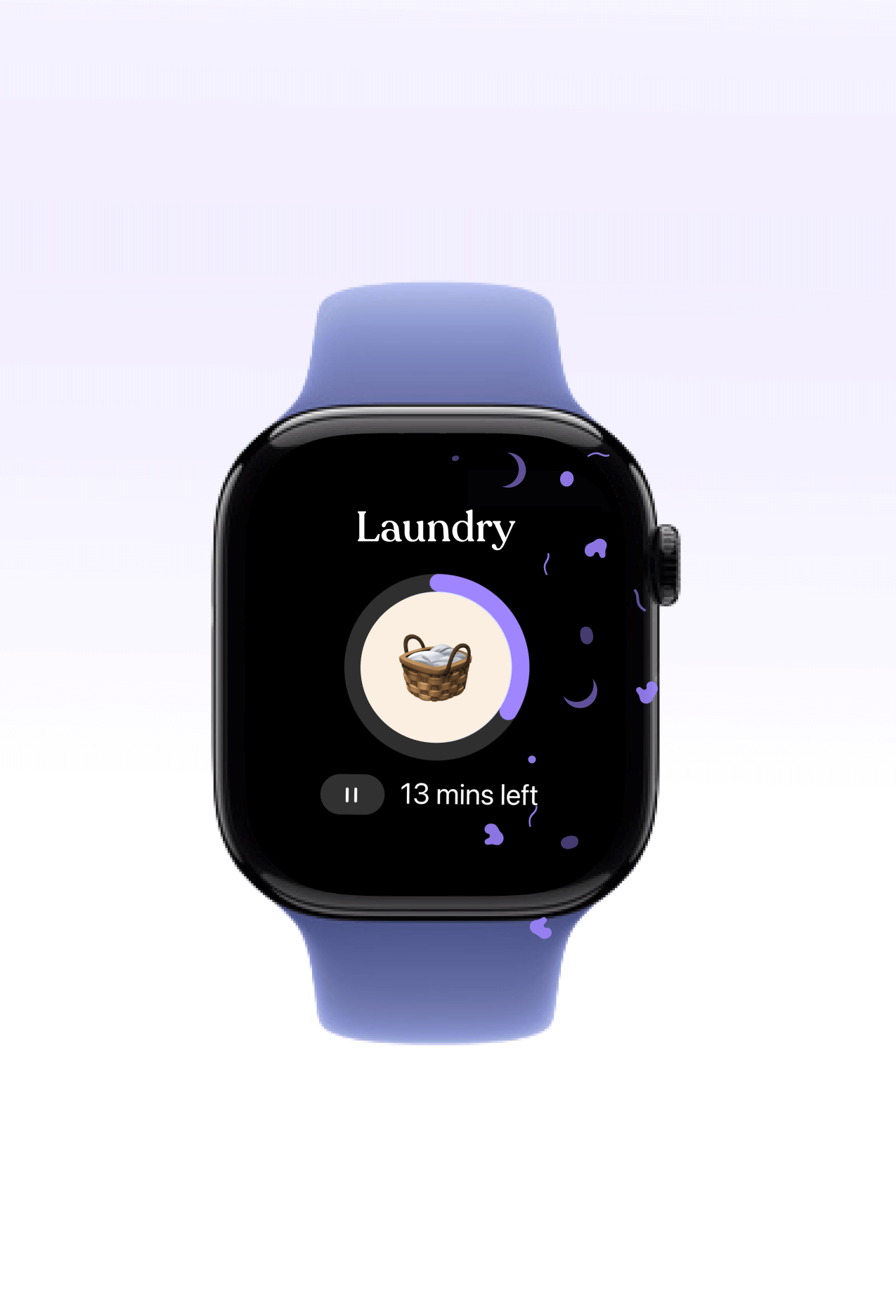 Tiimo focus timer screen showing a laundry task countdown with progress ring, checklist steps like separating colors and starting wash cycle, designed to keep users focused and moving through routines.
