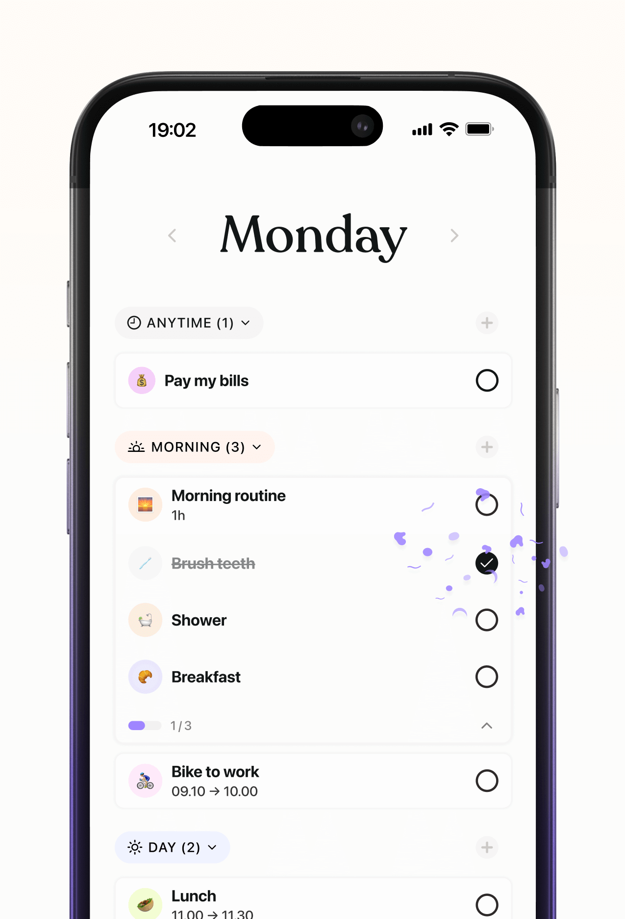 Tiimo daily planner app showing a structured schedule with tasks like paying bills, morning routine with shower and breakfast, biking to work, and lunch, helping users organize their day with clear routines.