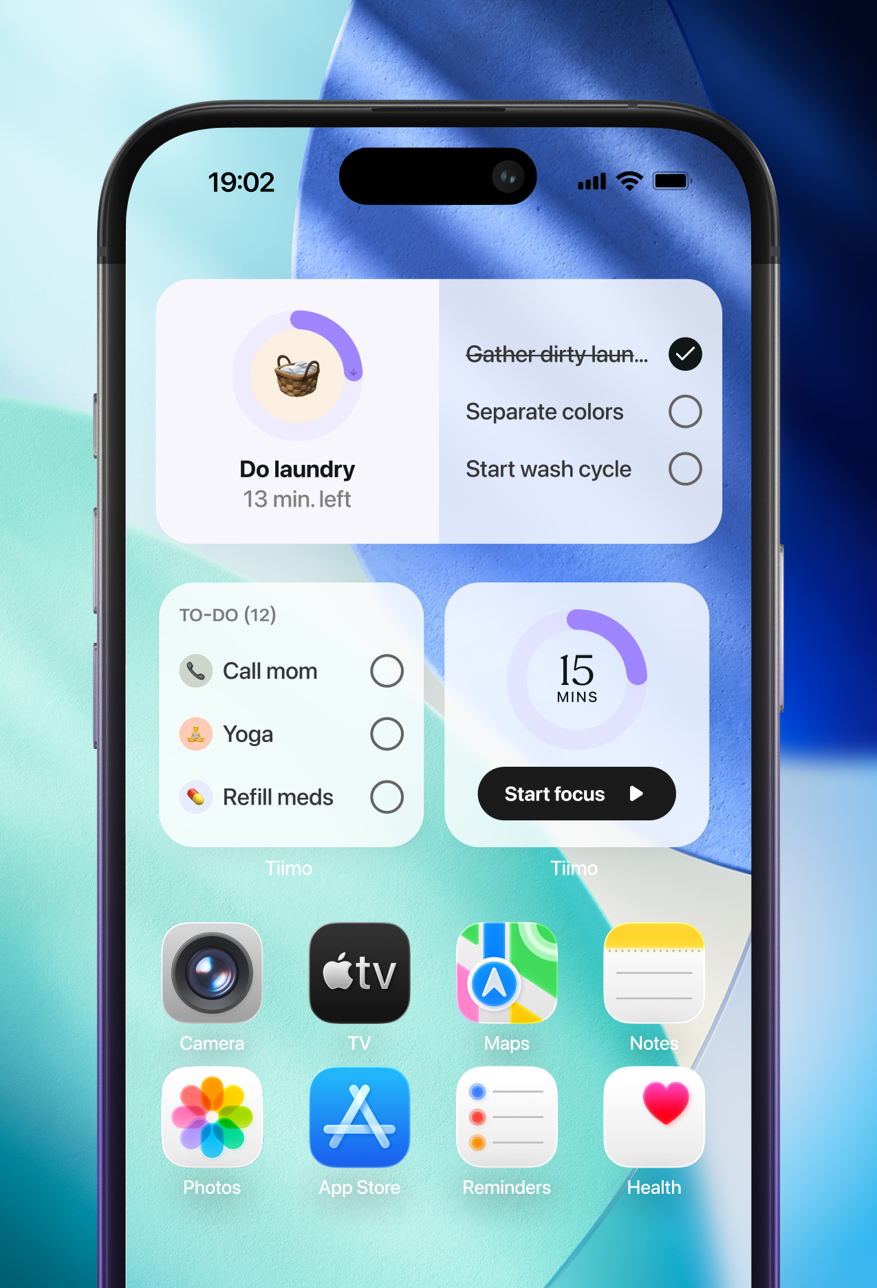 Tiimo iOS home screen widgets showing to-do list with tasks like call mom, yoga, and refill meds, plus a laundry timer and focus countdown, designed to keep daily schedule visible and accessible with one tap.