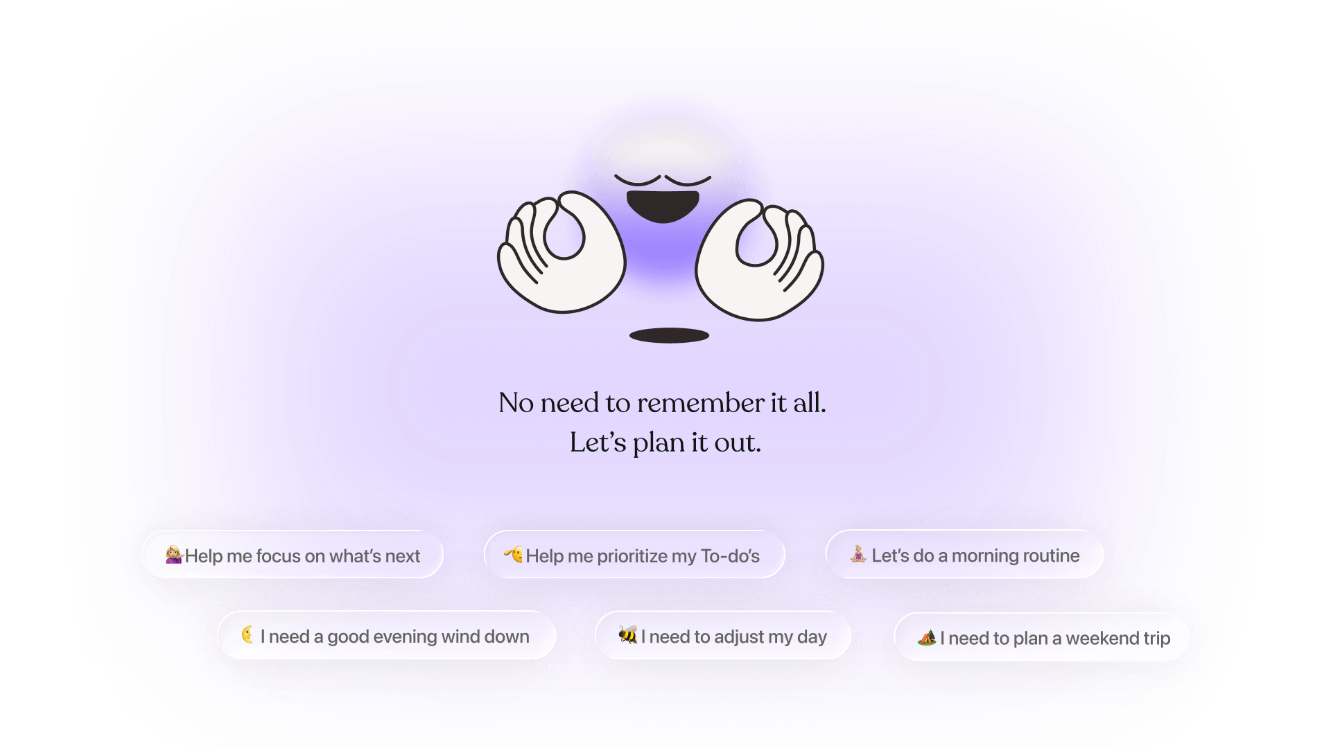 Tiimo AI planning hero illustration with assistant character and text ‘No need to remember it all, let’s plan it out,’ showing quick-start options like prioritizing to-dos, creating routines, adjusting the day, and planning trips.