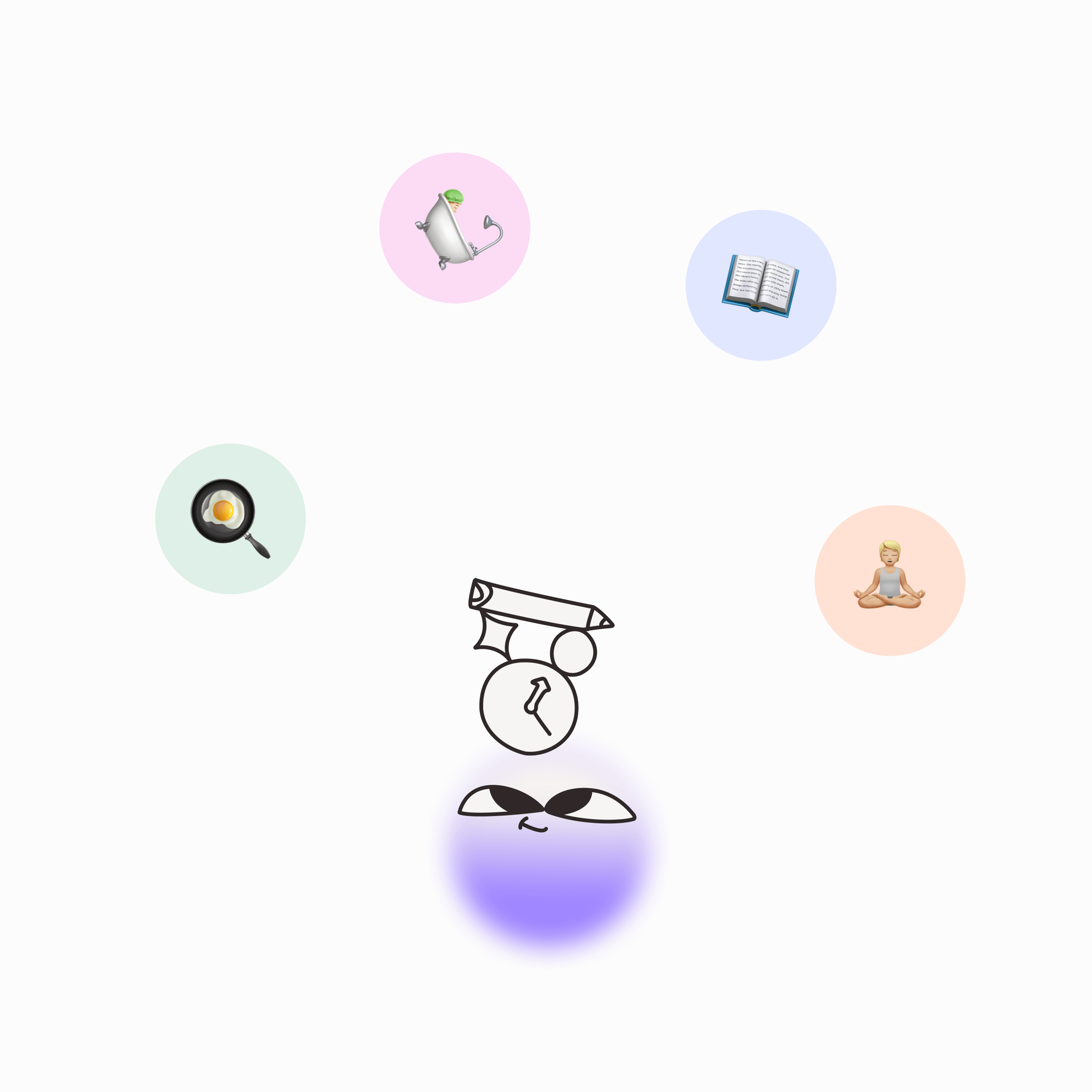 Tiimo AI co-planner illustration showing assistant character surrounded by icons for cooking, writing, yoga, and reading, representing tasks that need time estimates.