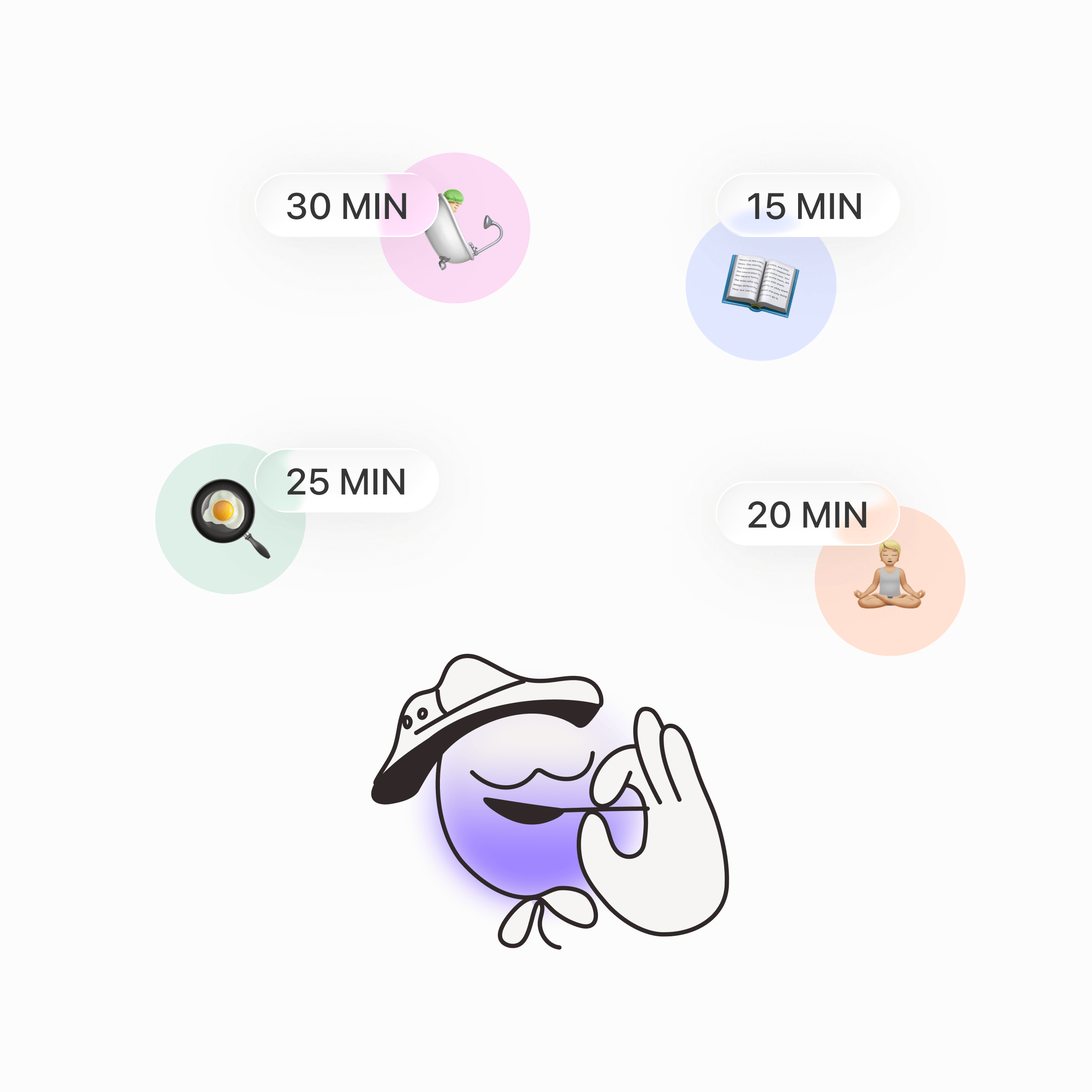 Tiimo AI co-planner interface estimating realistic task durations, with icons for cooking, writing, yoga, and reading assigned times like 30, 25, 20, and 15 minutes.