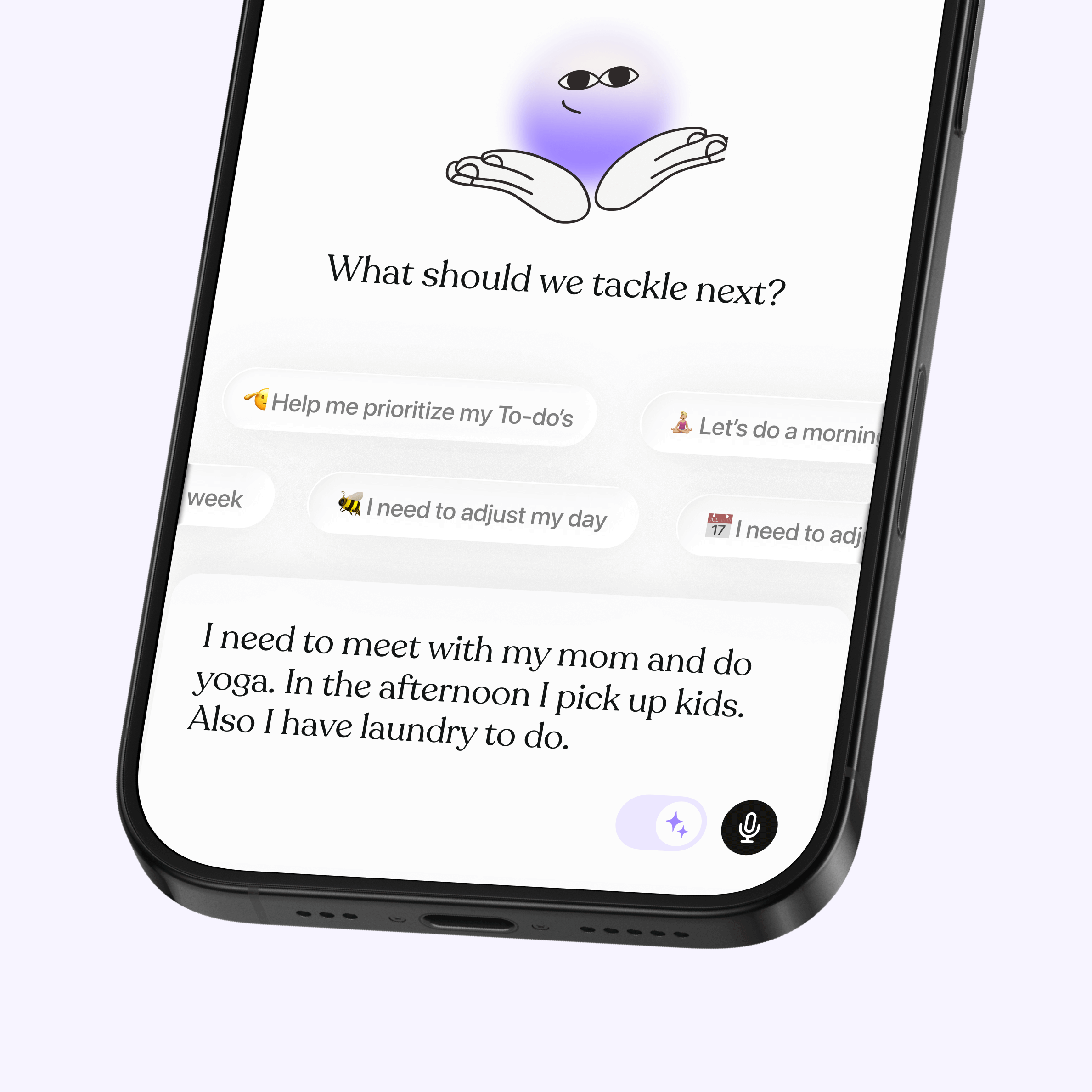 Tiimo AI planner mobile screen where users can type or speak tasks like buying groceries and calling mom, with assistant suggesting next steps. Text highlights how Tiimo turns thoughts into clear, actionable tasks with timelines.