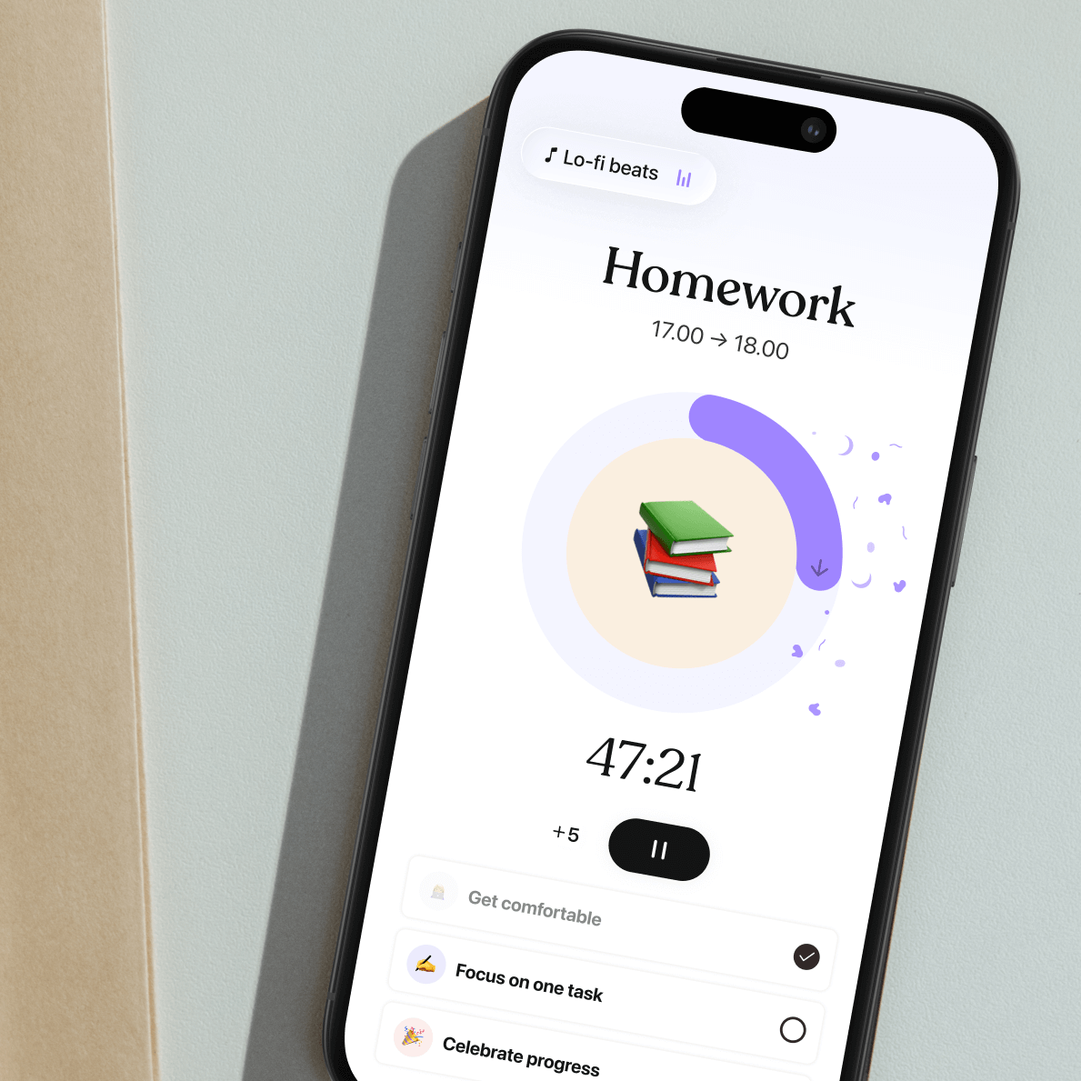 Tiimo focus timer on mobile showing a homework task with progress ring, countdown clock, and checklist for staying on one task, designed to help users stay anchored and manage time visually.