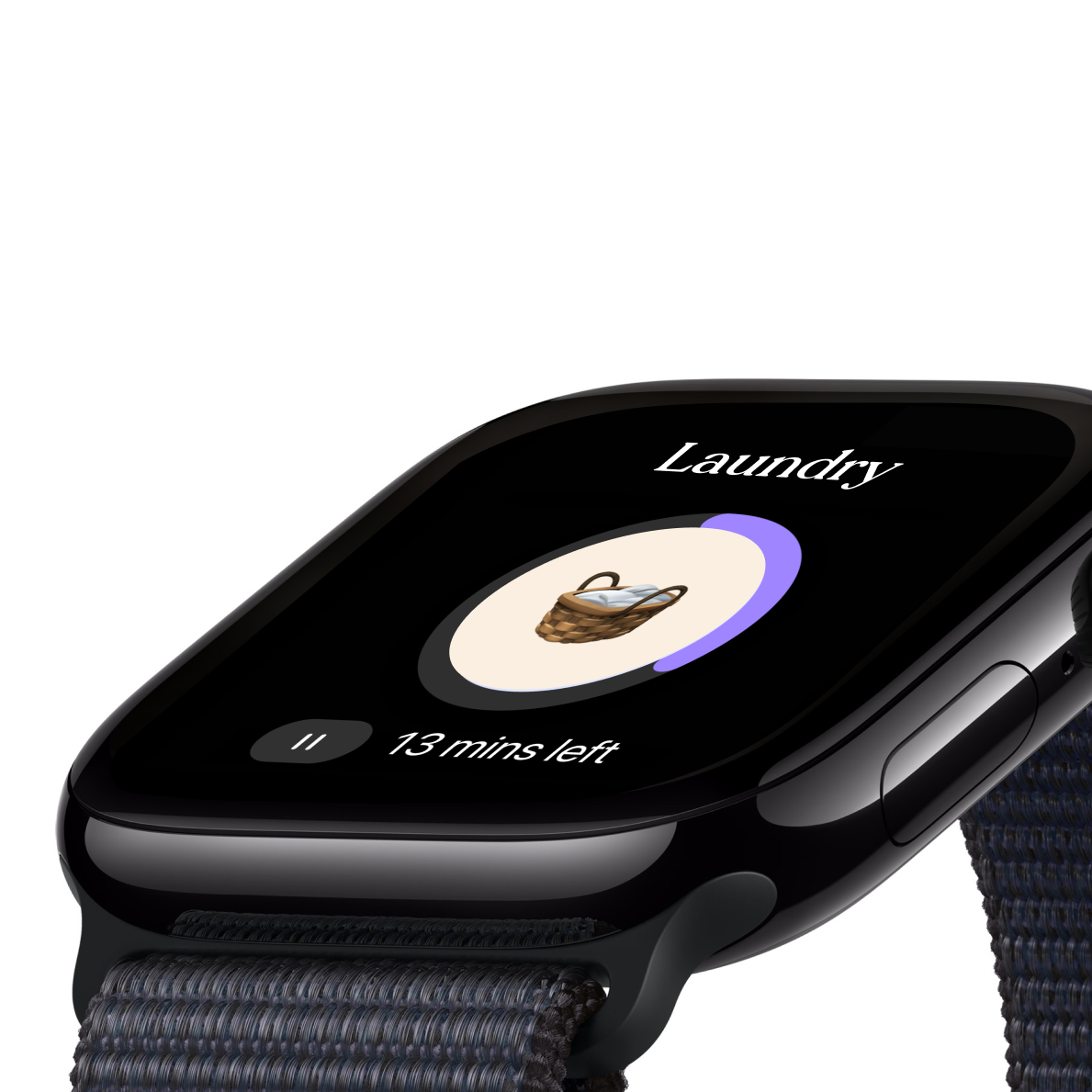 Tiimo smartwatch interface showing laundry task countdown with progress ring, highlighting how Tiimo syncs across phone, tablet, and web app to help users plan anywhere and stay focused everywhere.