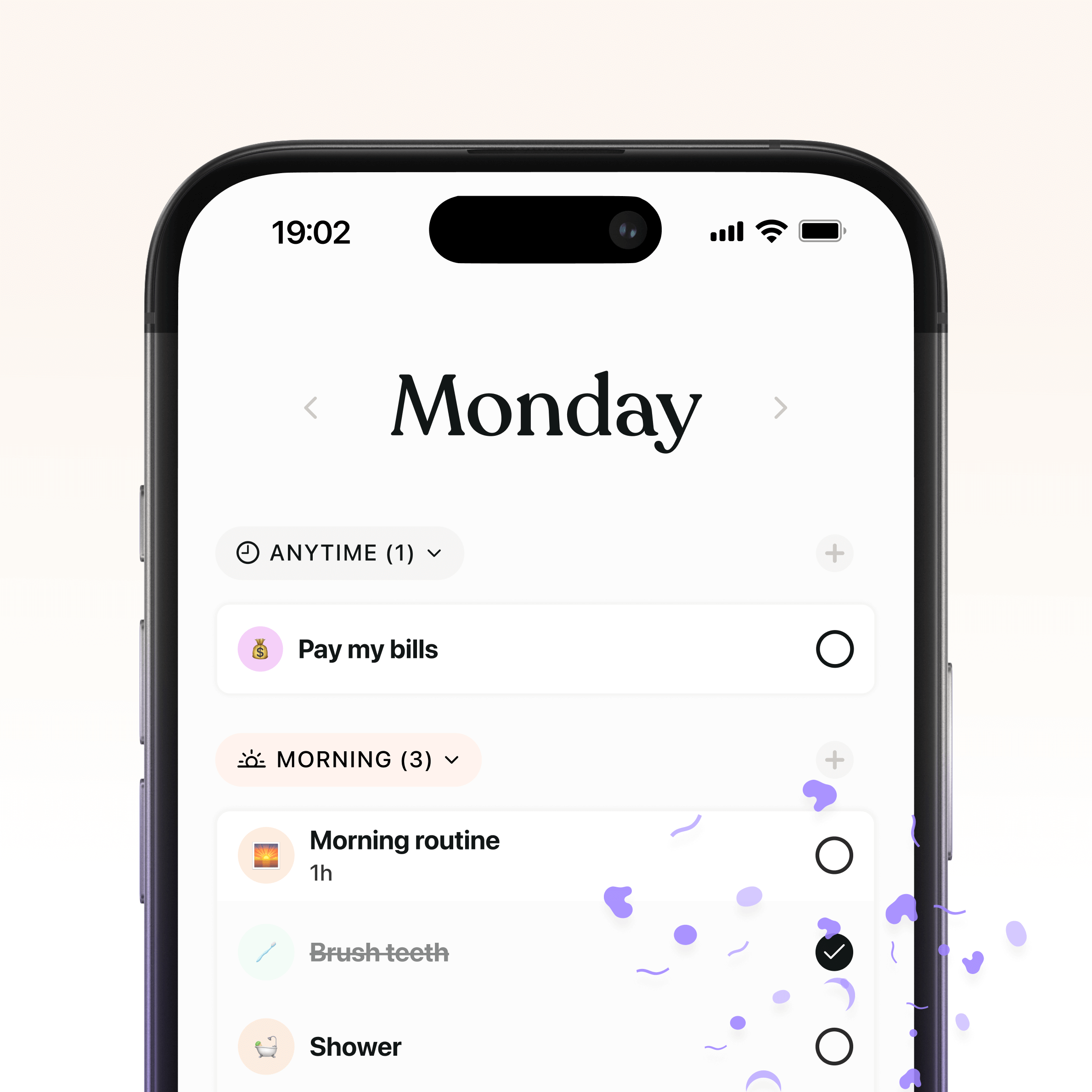 Tiimo mobile planner showing an organized daily schedule with tasks like paying bills, morning routine, and shower, designed to replace sticky notes and checklists by combining scheduling and task tracking in one space.