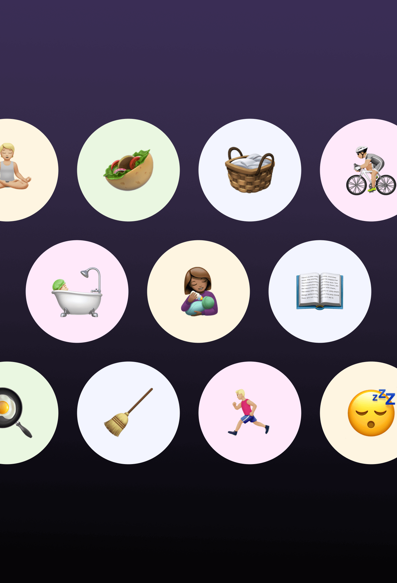 Tiimo planner customization screen on dark background showing a grid of activity icons such as yoga, cooking, laundry, biking, bathing, reading, cleaning, exercising, and sleep, used to personalize tasks and routines.
