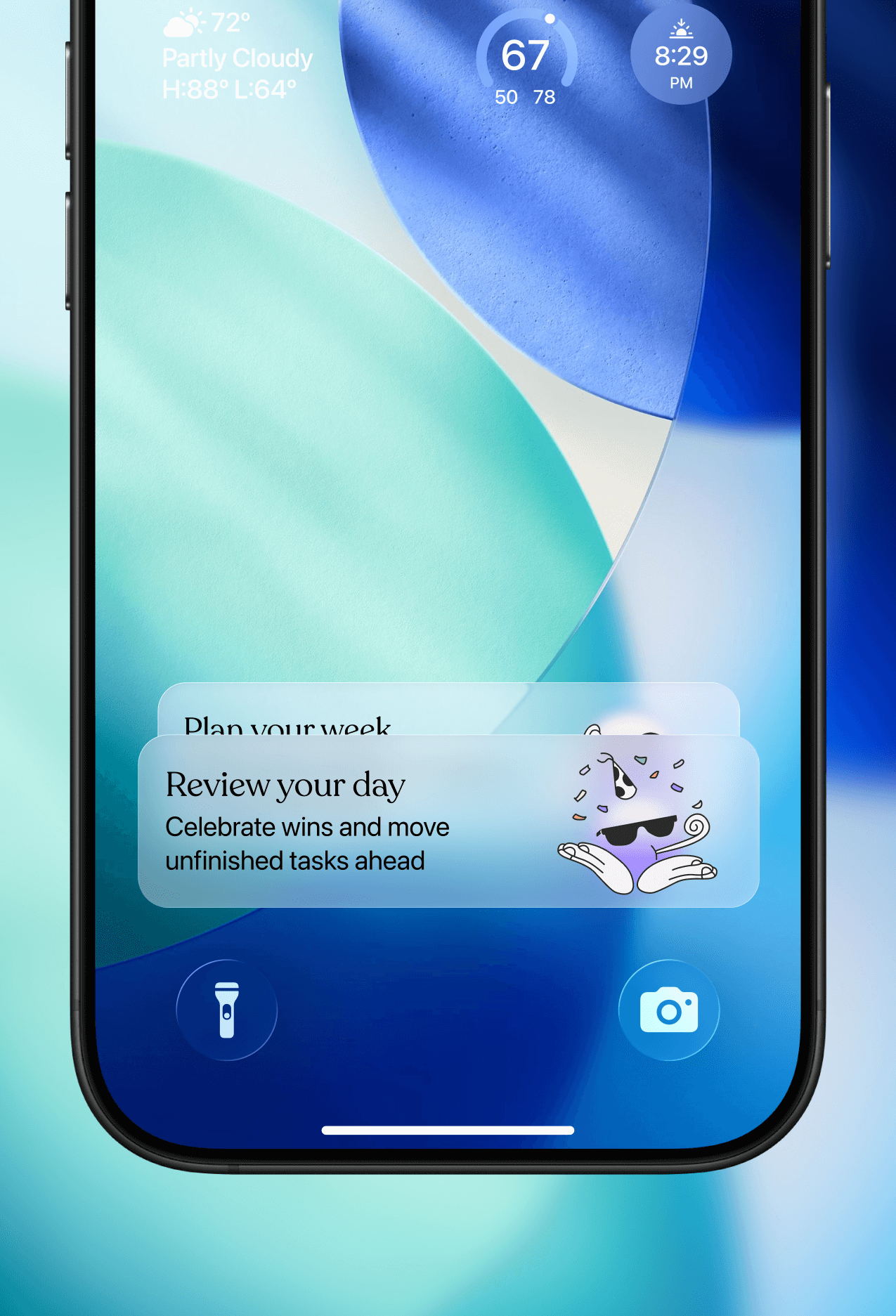 Tiimo iOS lock screen widget showing Review Today with prompt to celebrate wins and move unfinished tasks ahead, helping users stay on track and adjust plans when things change.