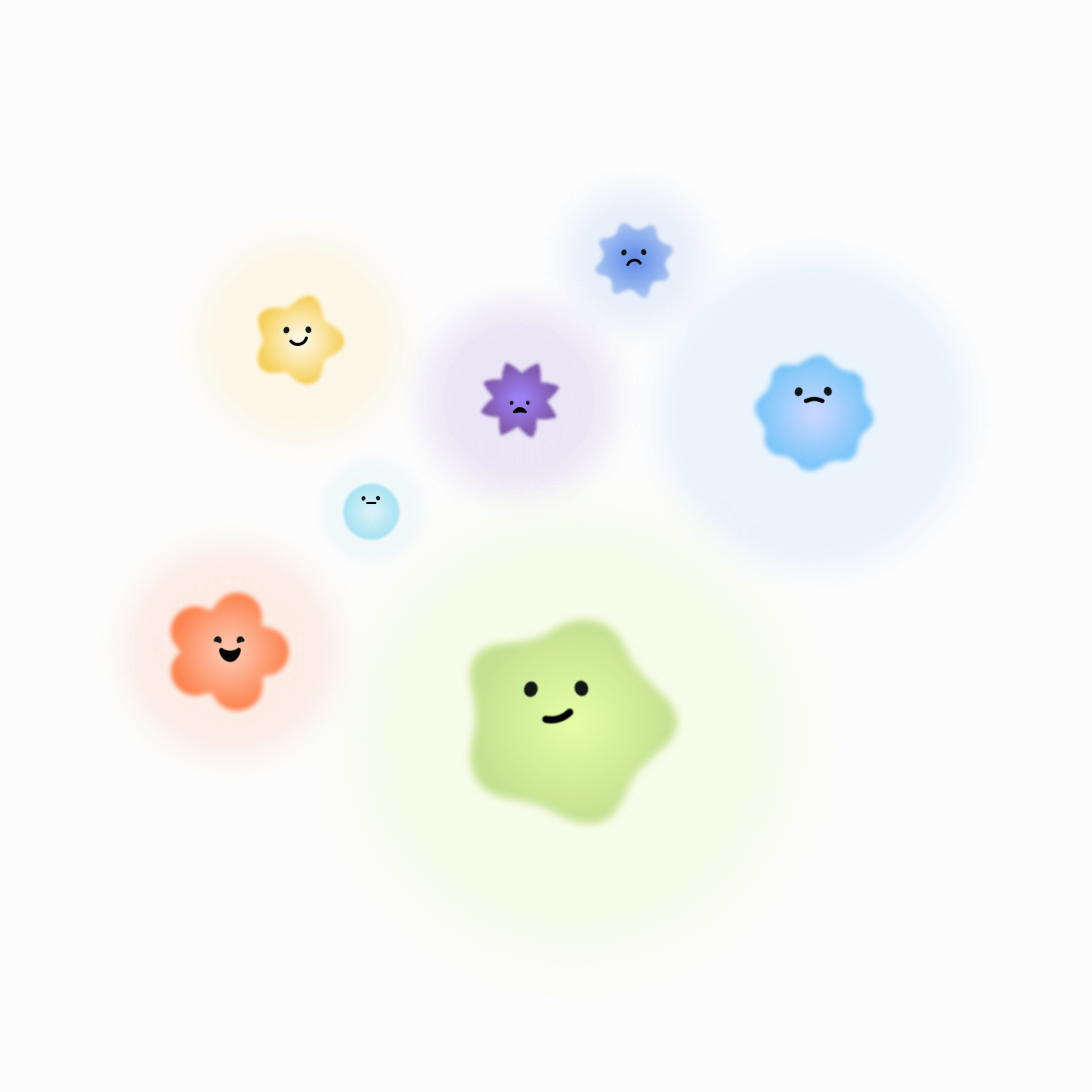 Tiimo colorful mood tracker illustration with happy, neutral, and sad faces in different shapes and colors, representing a range of emotions and states of mind.